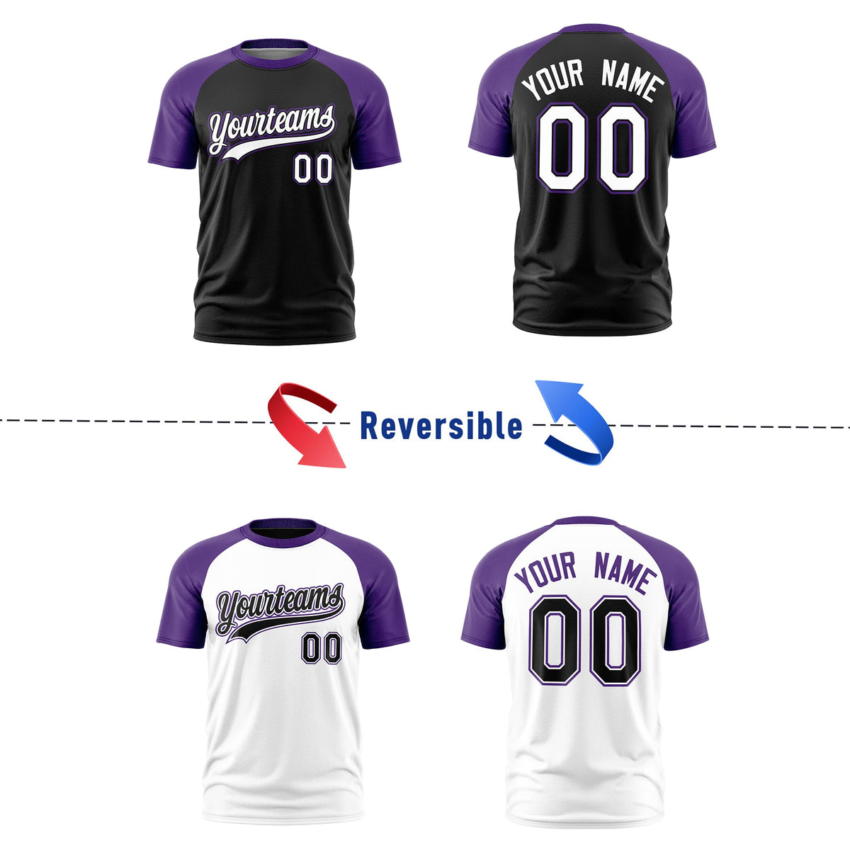 Custom Black Purple White Reversible Raglan Sleeves Moisture-Wicking T-shirt| KXKSHOP