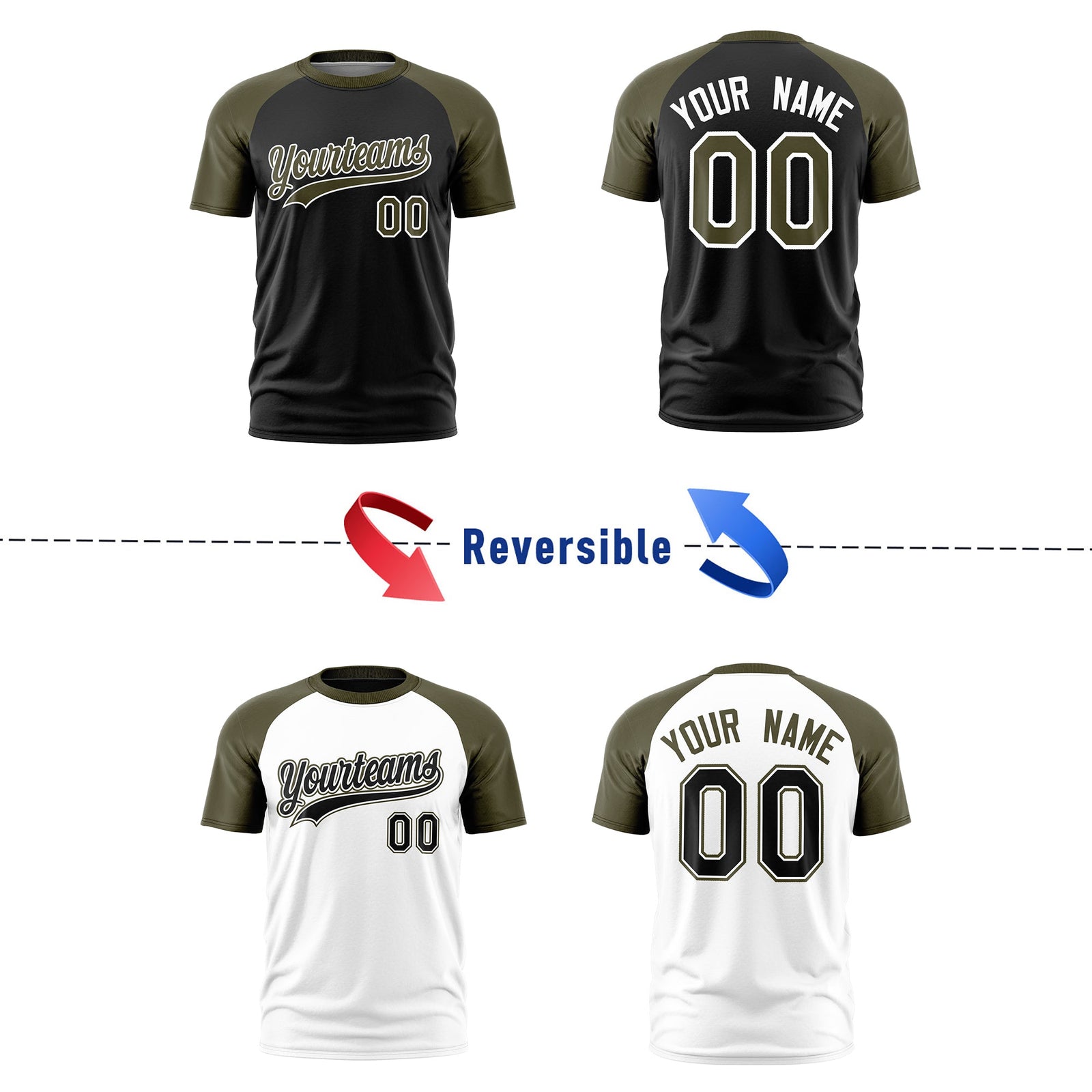 Custom Black Olive White Reversible Raglan Sleeves Quick Dry T-shirt| KXKSHOP