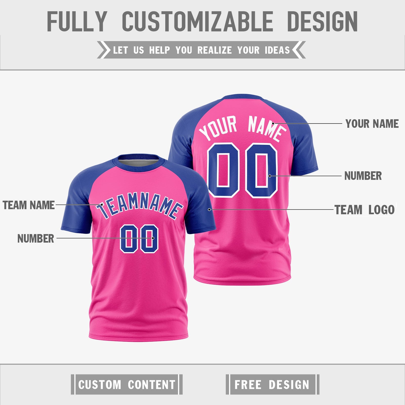 Custom Pink White Royal Blue Reversible Raglan Sleeves Quick Dry T-shirt| KXKSHOP