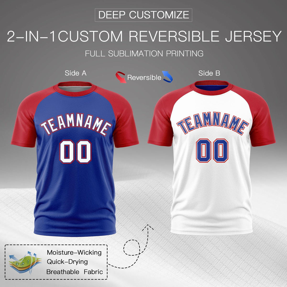 Custom Royal Blue Red White Reversible Raglan Sleeves Quick Dry T-shirt| KXKSHOP