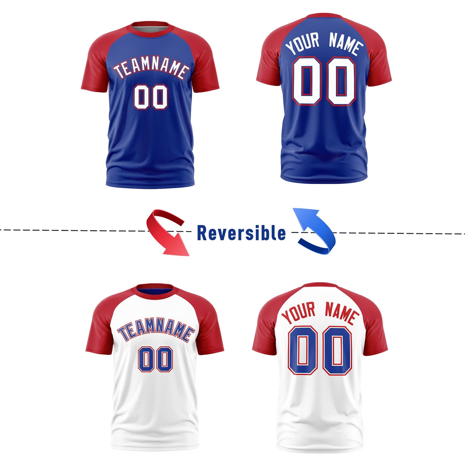 Custom Royal Blue Red White Reversible Raglan Sleeves Quick Dry T-shirt| KXKSHOP