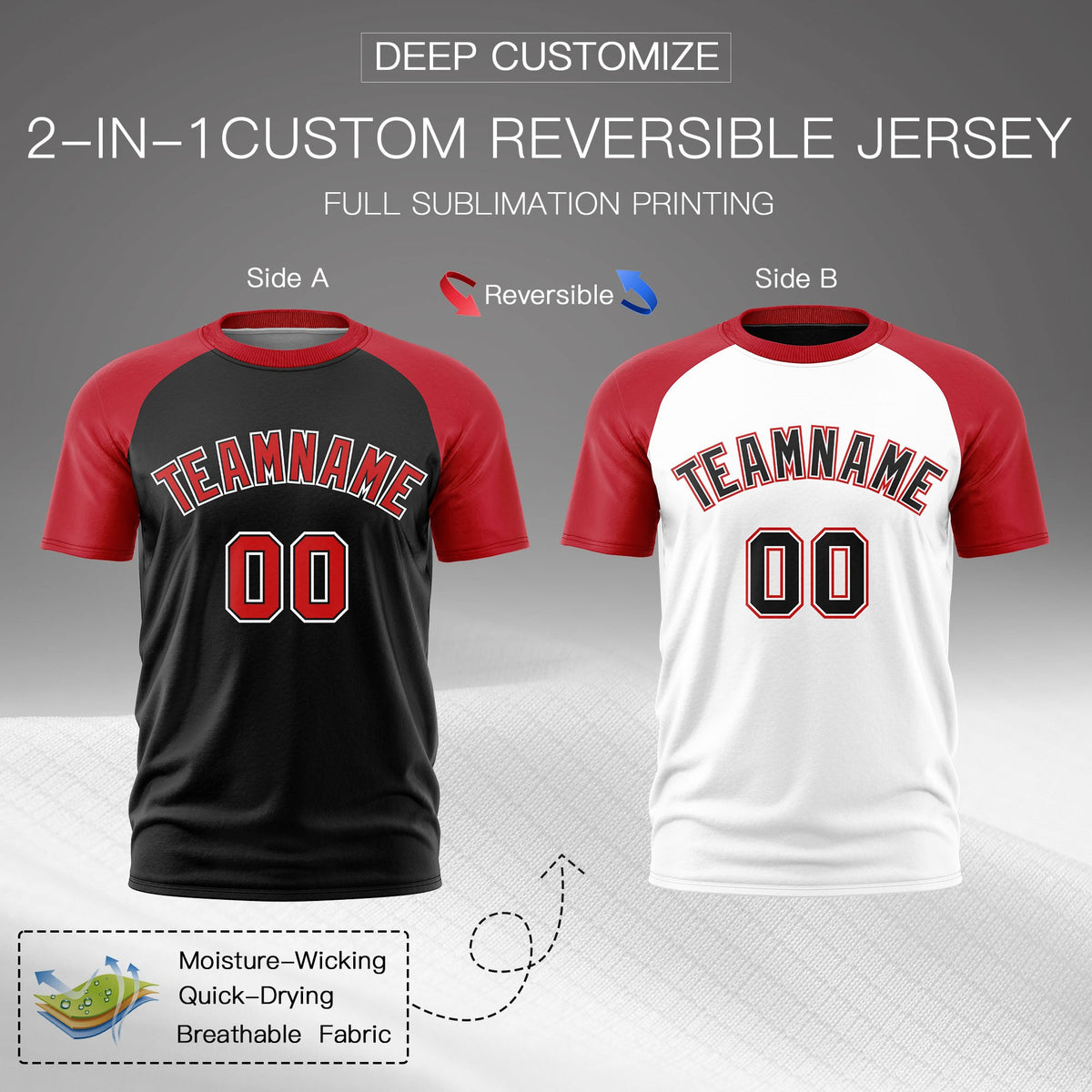 Custom Red Black White Reversible Raglan Sleeves Moisture-Wicking T-shirt| KXKSHOP