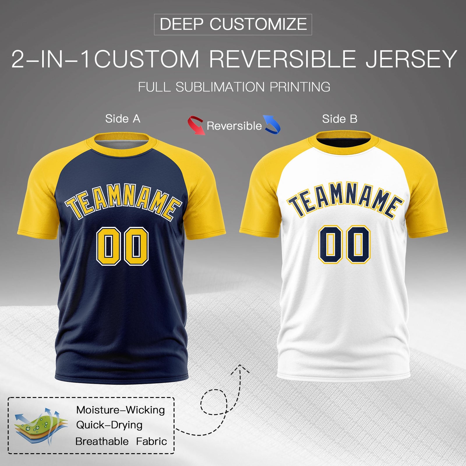 Custom Navy Gold White Reversible Raglan Sleeves Quick Dry T-shirt| KXKSHOP