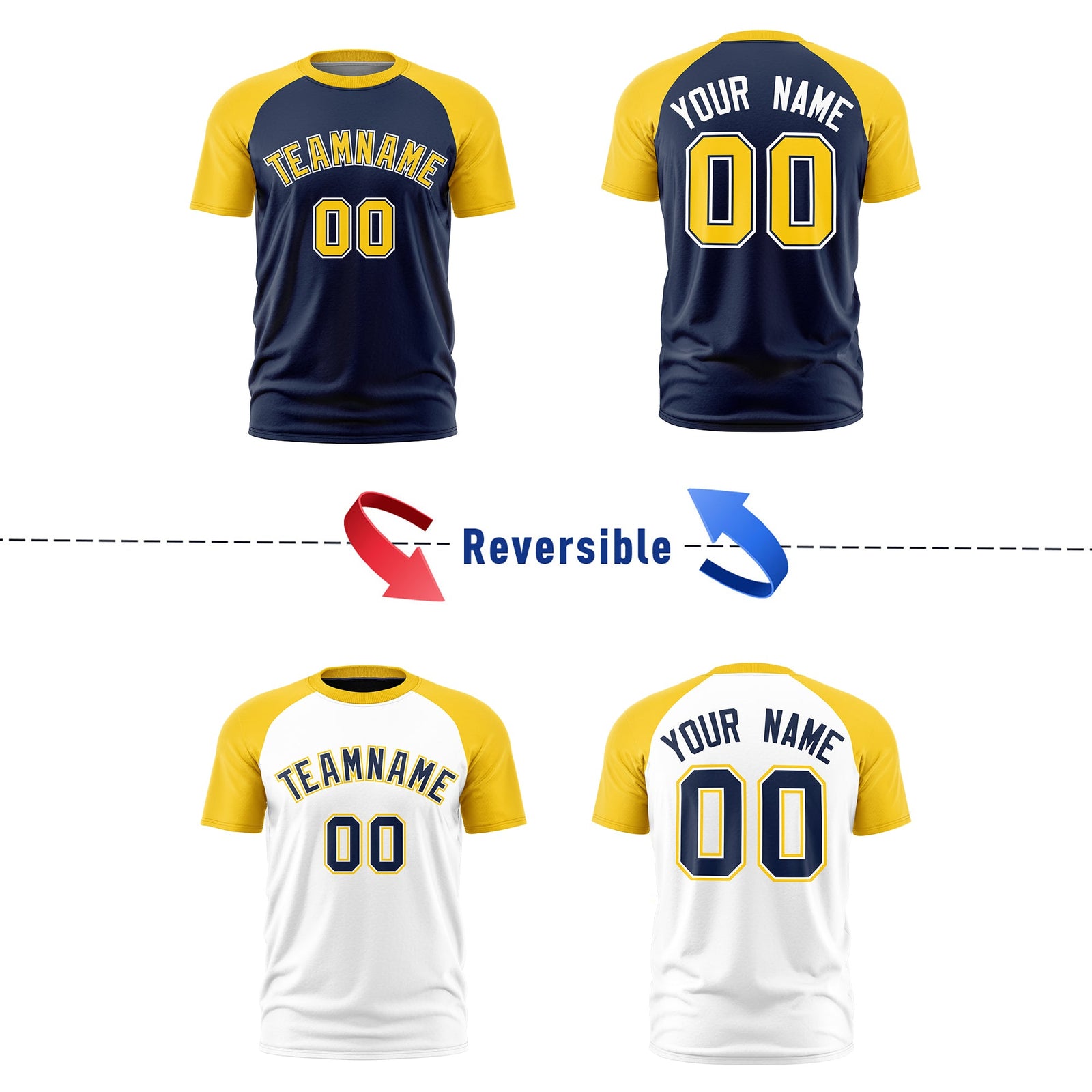 Custom Navy Gold White Reversible Raglan Sleeves Quick Dry T-shirt| KXKSHOP