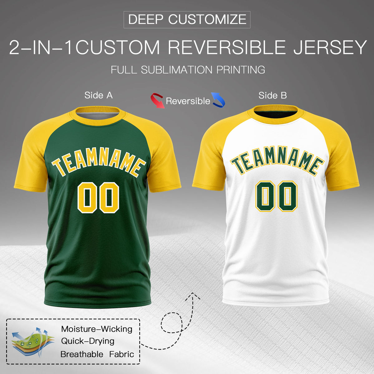 Custom Dark Green White Gold Reversible Raglan Sleeves Moisture-Wicking T-shirt| KXKSHOP