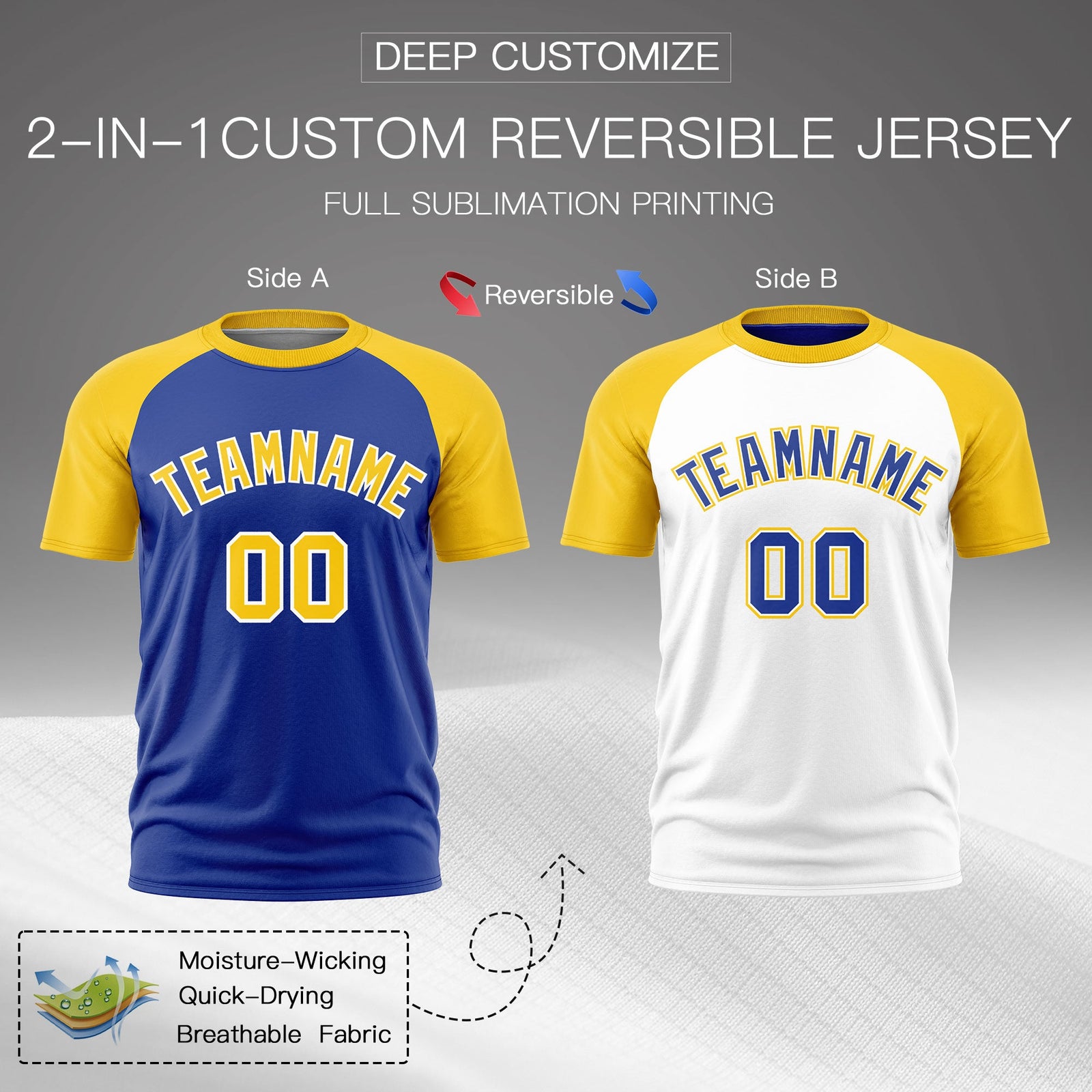 Custom Royal Blue Gold White Reversible Raglan Sleeves Quick Dry T-shirt| KXKSHOP