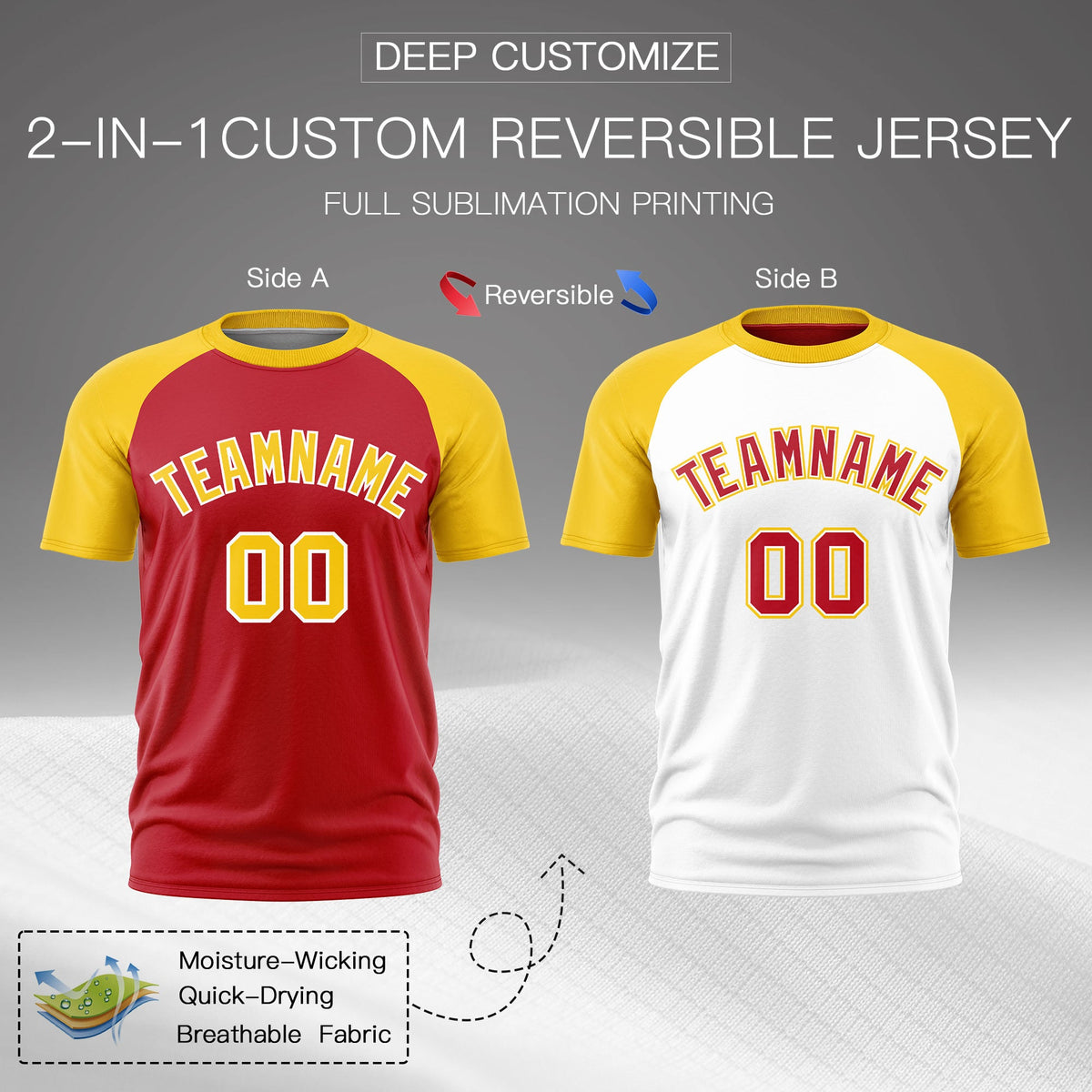 Custom Red Gold White Reversible Raglan Sleeves Moisture-Wicking T-shirt| KXKSHOP