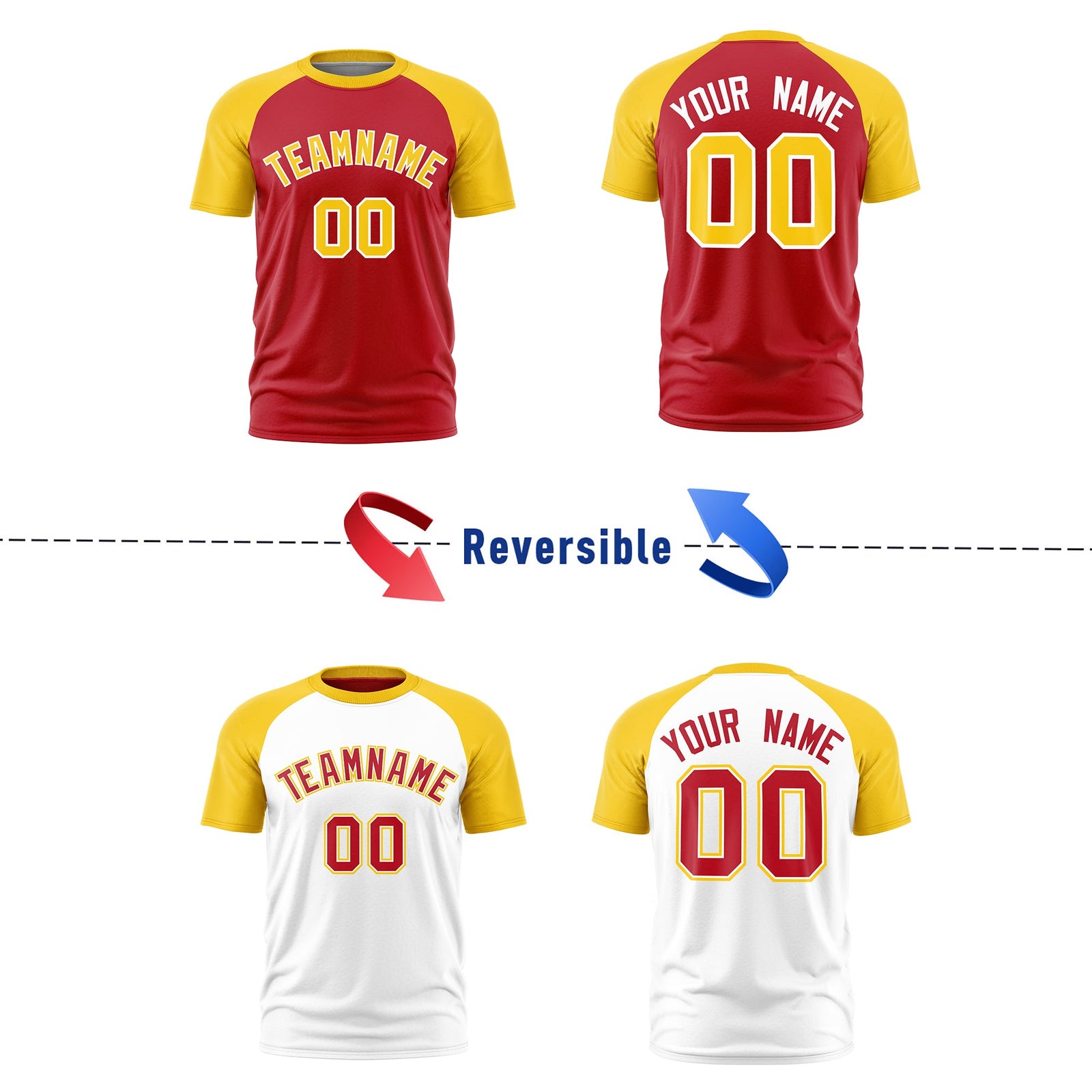 Custom Red Gold White Reversible Raglan Sleeves Moisture-Wicking T-shirt| KXKSHOP