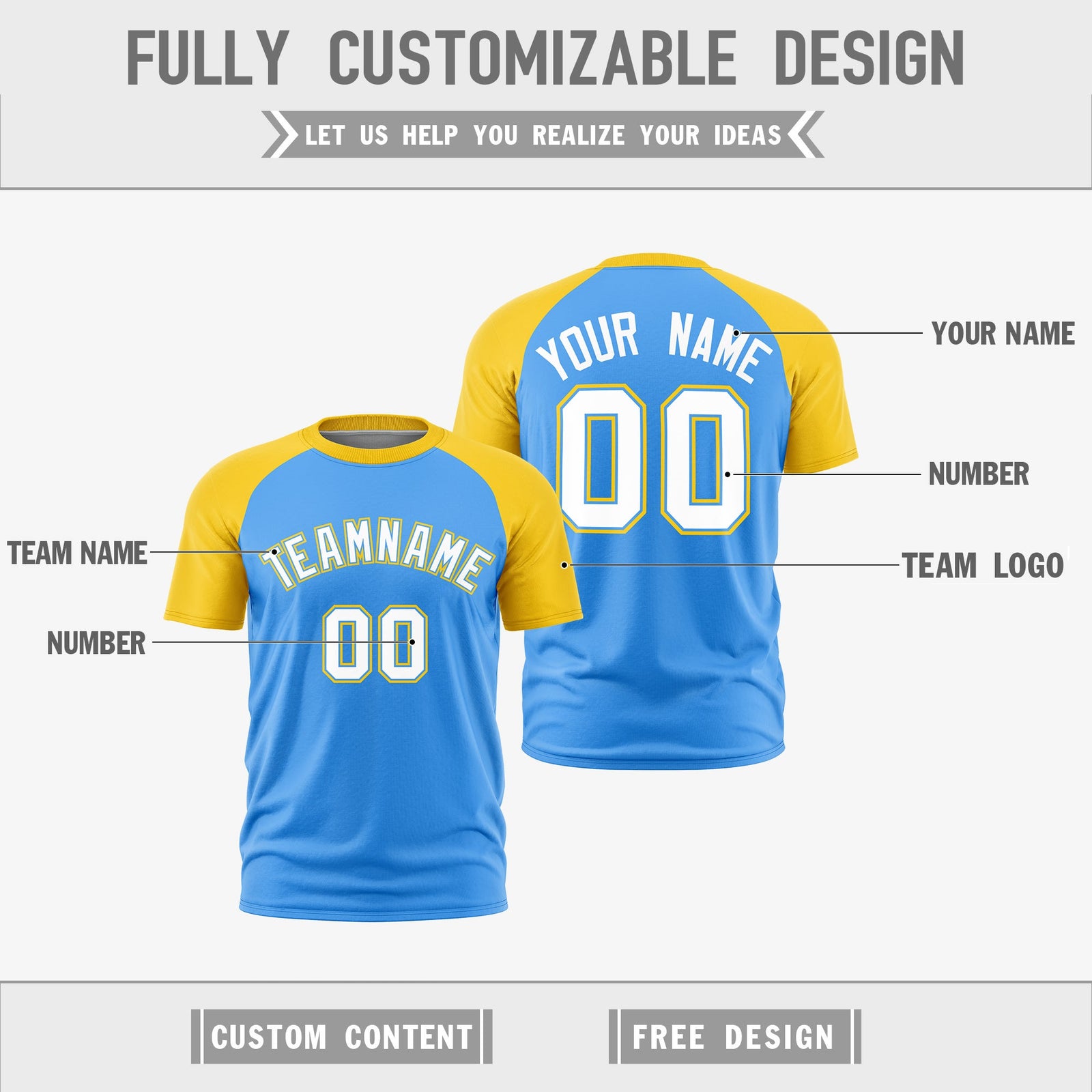 Custom Powder Blue Gold White Reversible Raglan Sleeves Moisture-Wicking T-shirt| KXKSHOP