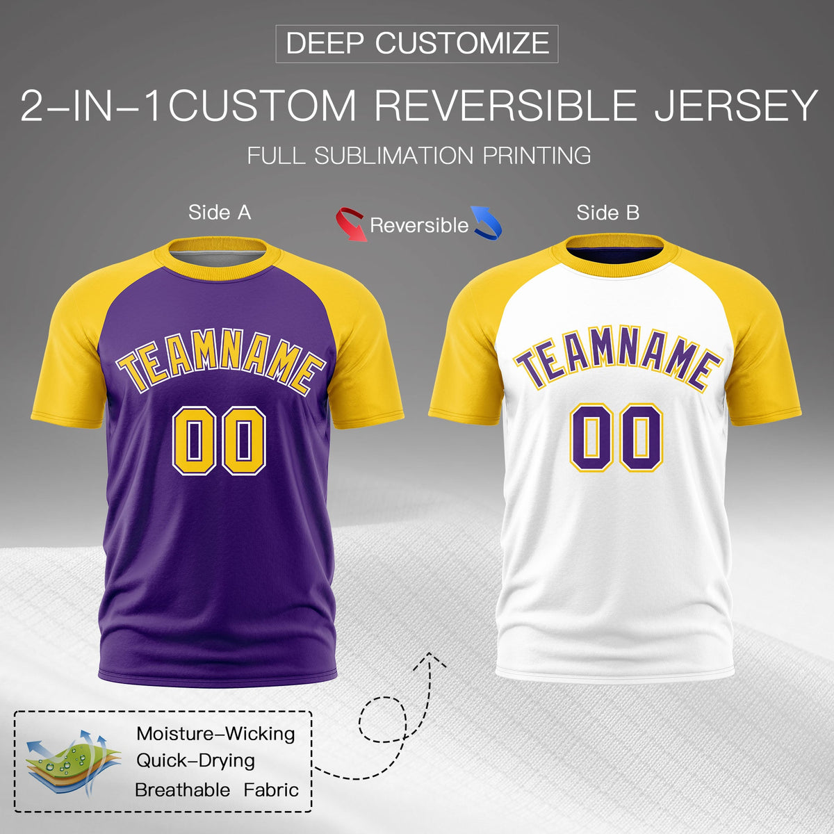 Custom Purple Gold White Reversible Raglan Sleeves Quick Dry T-shirt| KXKSHOP