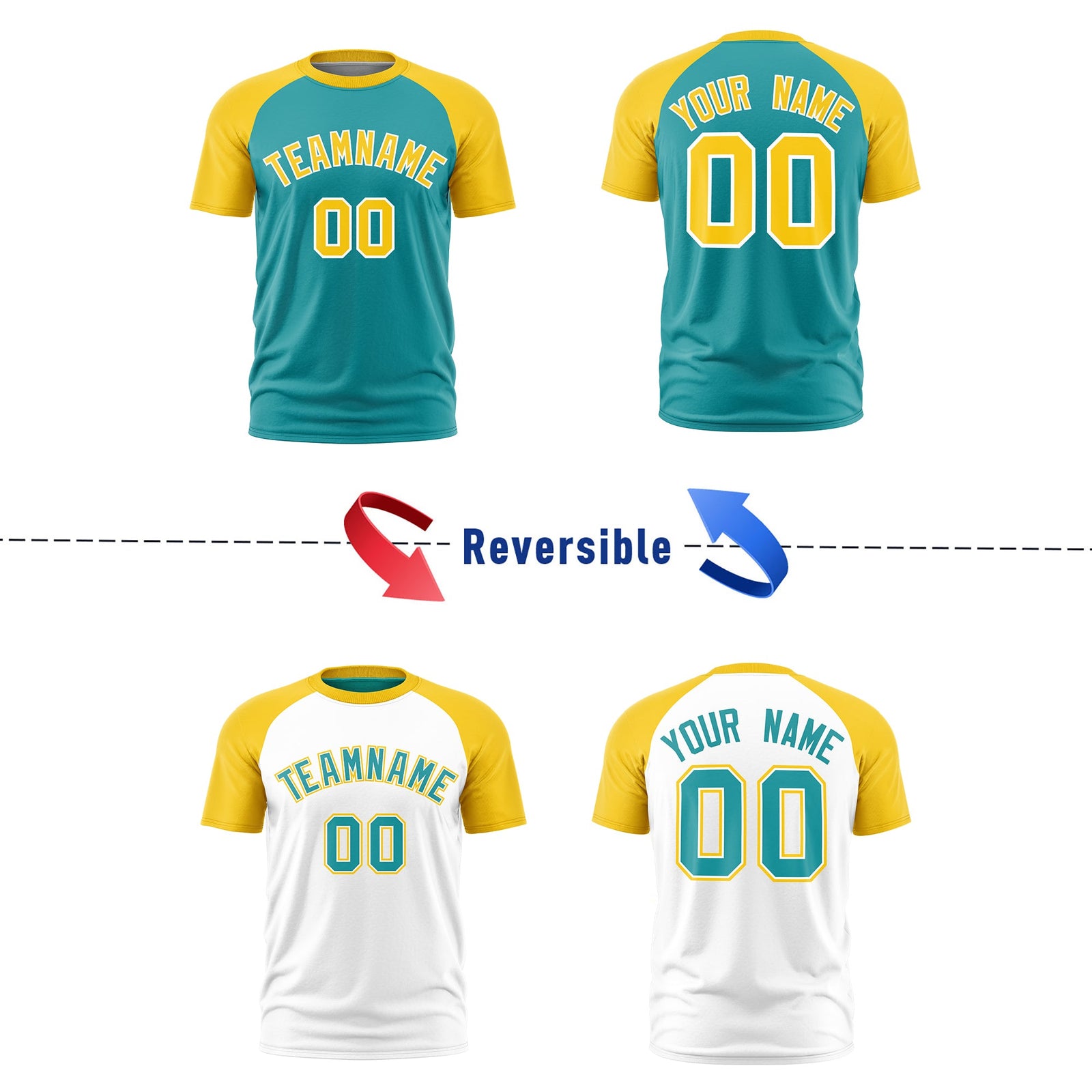Custom Aqua Gold White Reversible Raglan Sleeves Moisture-Wicking T-shirt| KXKSHOP