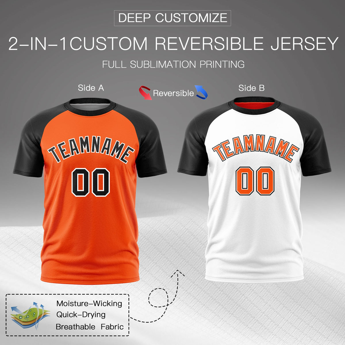 Custom Orange Black White Reversible Raglan Sleeves Moisture-Wicking T-shirt| KXKSHOP