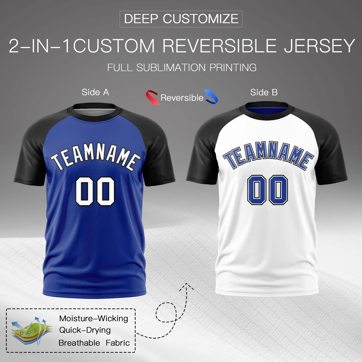 Custom Royal Blue Black White Reversible Raglan Sleeves Moisture-Wicking T-shirt| KXKSHOP