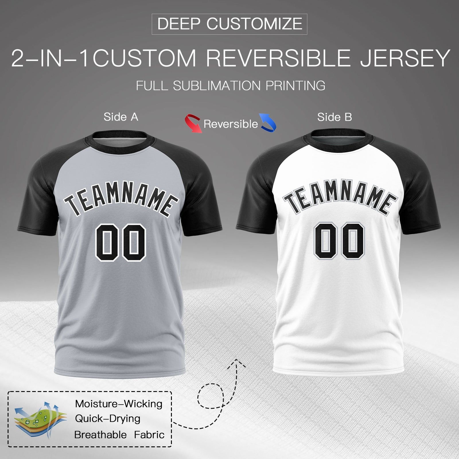Custom Silver Black White Reversible Raglan Sleeves Quick Dry T-shirt| KXKSHOP