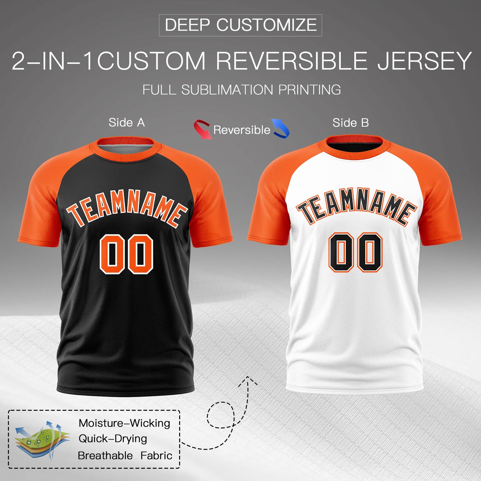 Custom Black Orange White Reversible Raglan Sleeves Quick Dry T-shirt| KXKSHOP