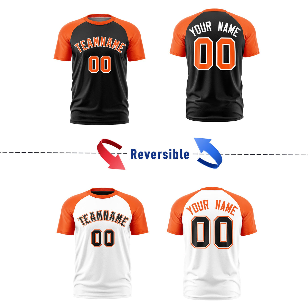 Custom Black Orange White Reversible Raglan Sleeves Quick Dry T-shirt| KXKSHOP