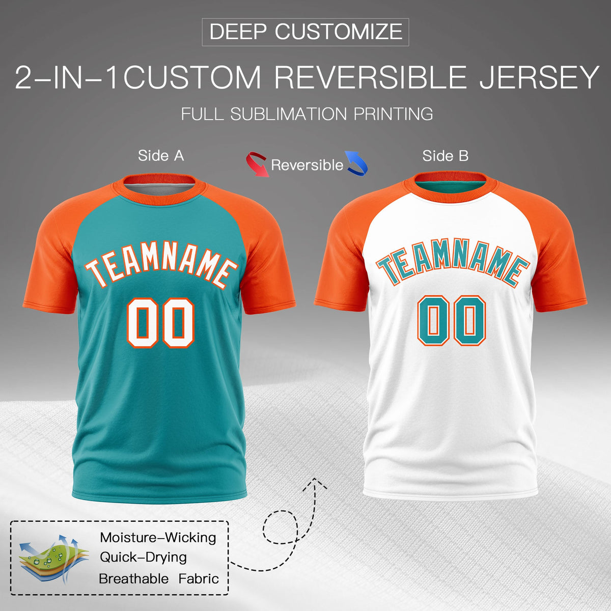 Custom Aqua Orange White Reversible Raglan Sleeves Quick Dry T-shirt| KXKSHOP