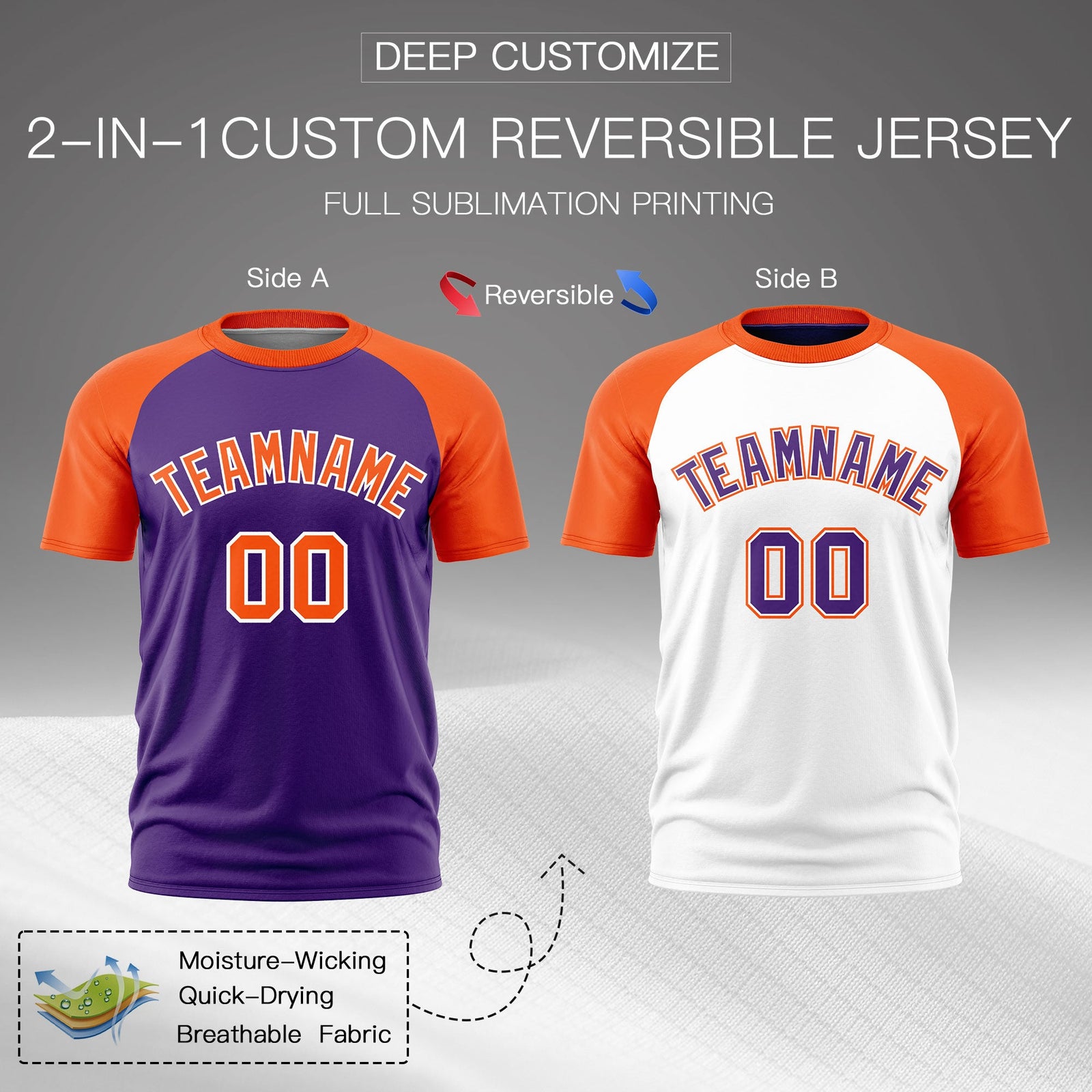 Custom Purple Orange White Reversible Raglan Sleeves Moisture-Wicking T-shirt| KXKSHOP