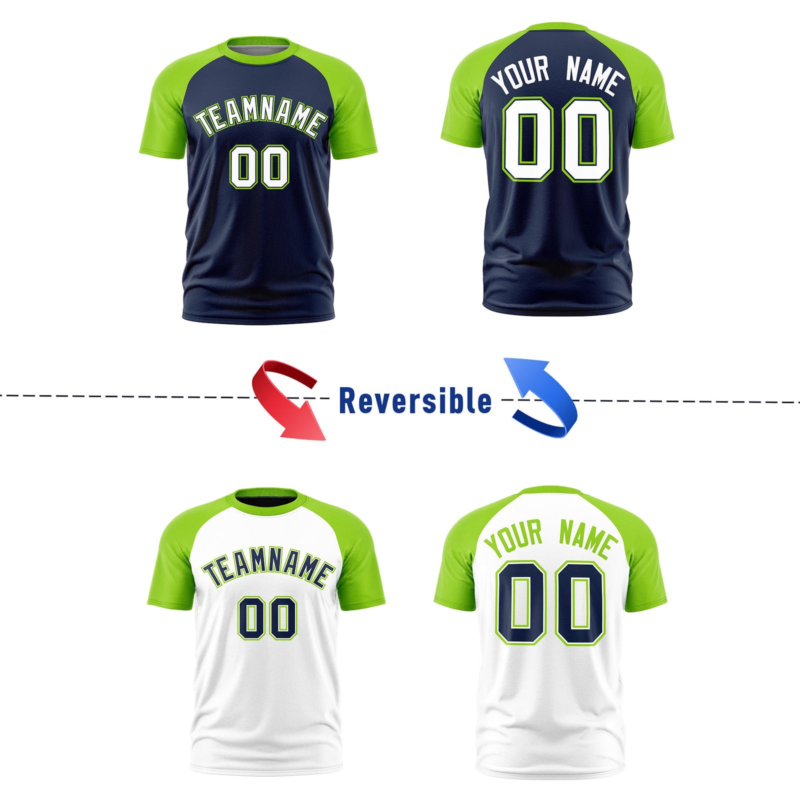 Custom Navy Neon Green White Reversible Raglan Sleeves Quick Dry T-shirt| KXKSHOP