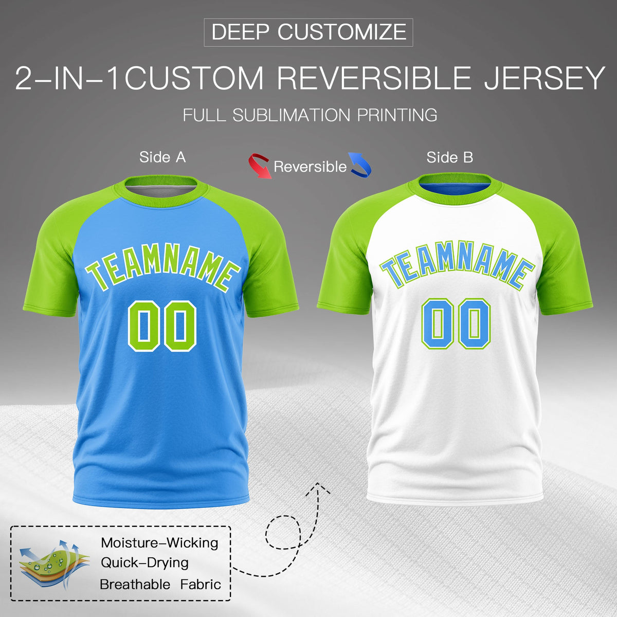 Custom Powder Blue Neon Green White Reversible Raglan Sleeves Quick Dry T-shirt| KXKSHOP