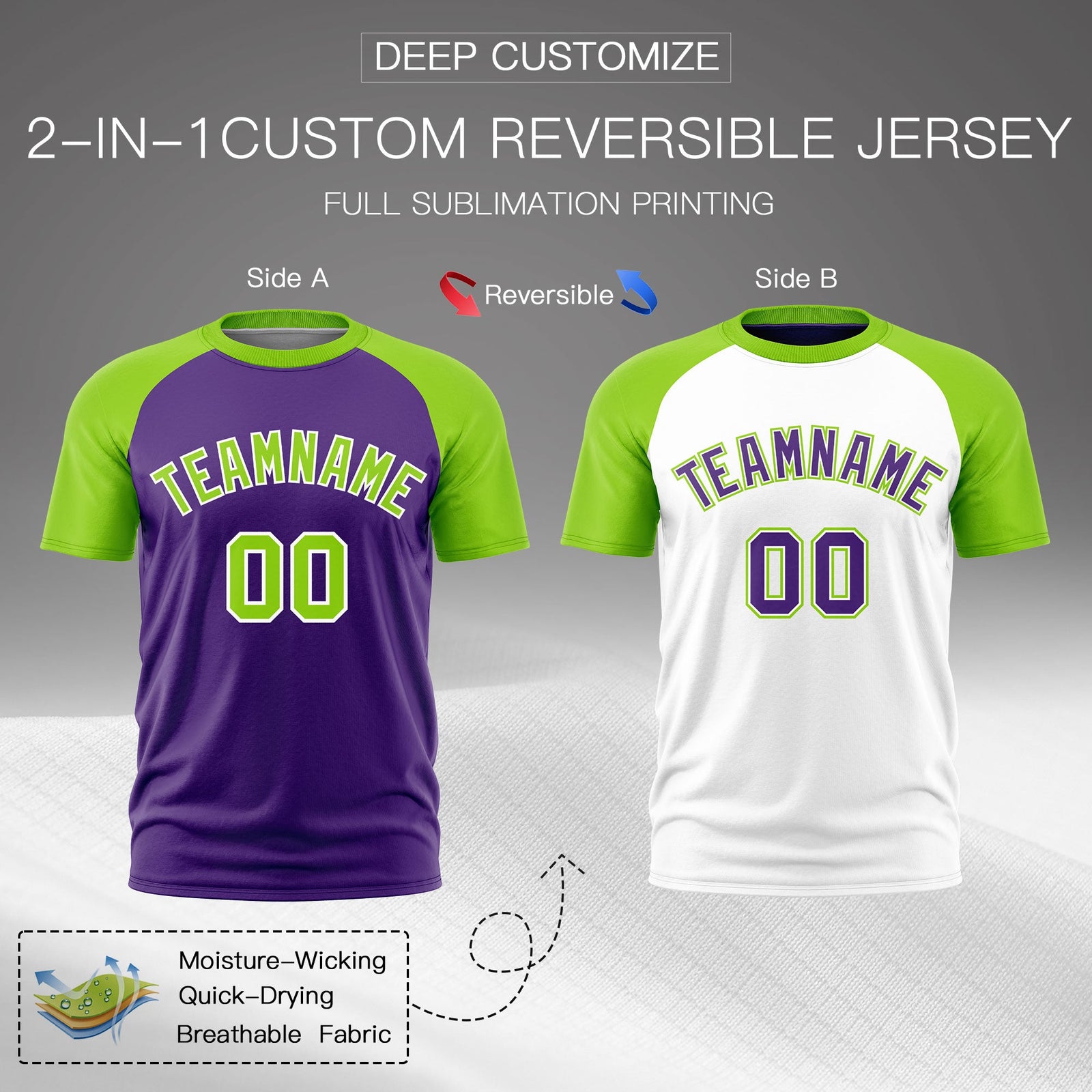 Custom Purple Neon Green White Reversible Raglan Sleeves Moisture-Wicking T-shirt| KXKSHOP