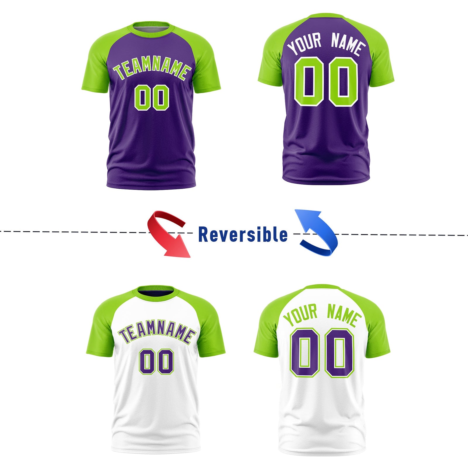 Custom Purple Neon Green White Reversible Raglan Sleeves Moisture-Wicking T-shirt| KXKSHOP