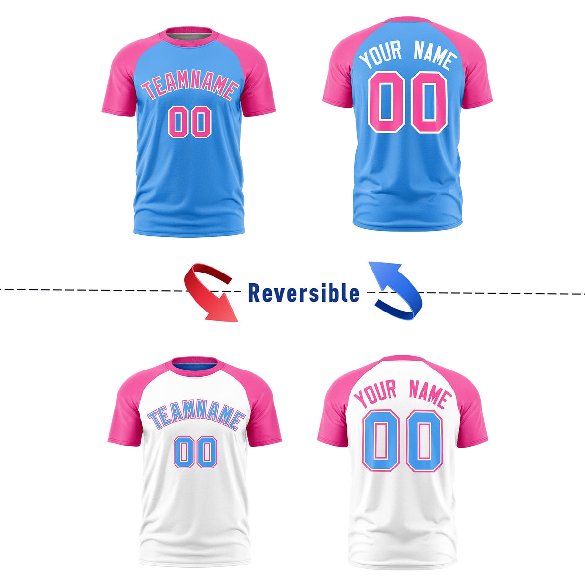 Custom Powder Blue Pink White Reversible Raglan Sleeves Quick Dry T-shirt| KXKSHOP