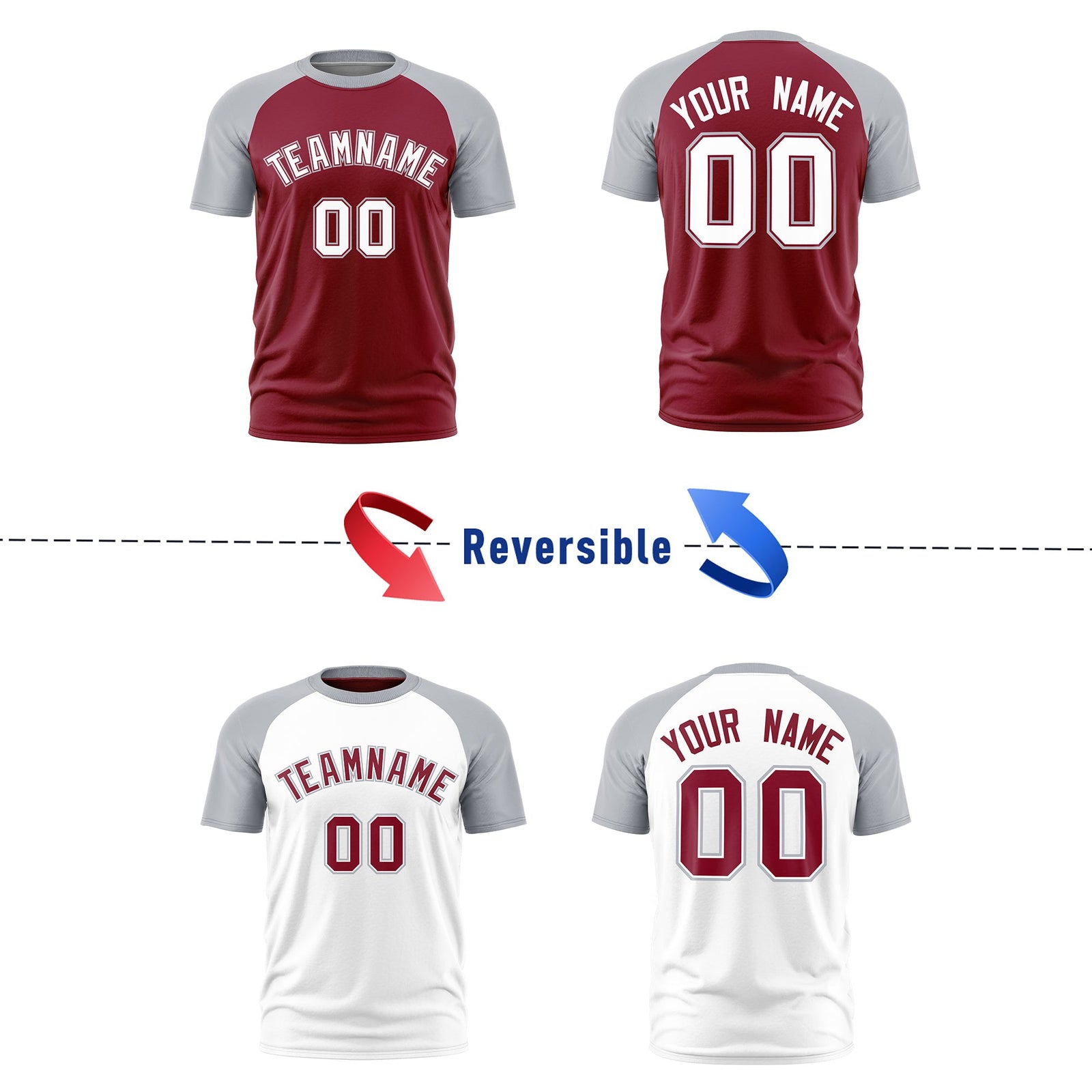 Custom Crimson Silver White Reversible Raglan Sleeves Moisture-Wicking T-shirt| KXKSHOP