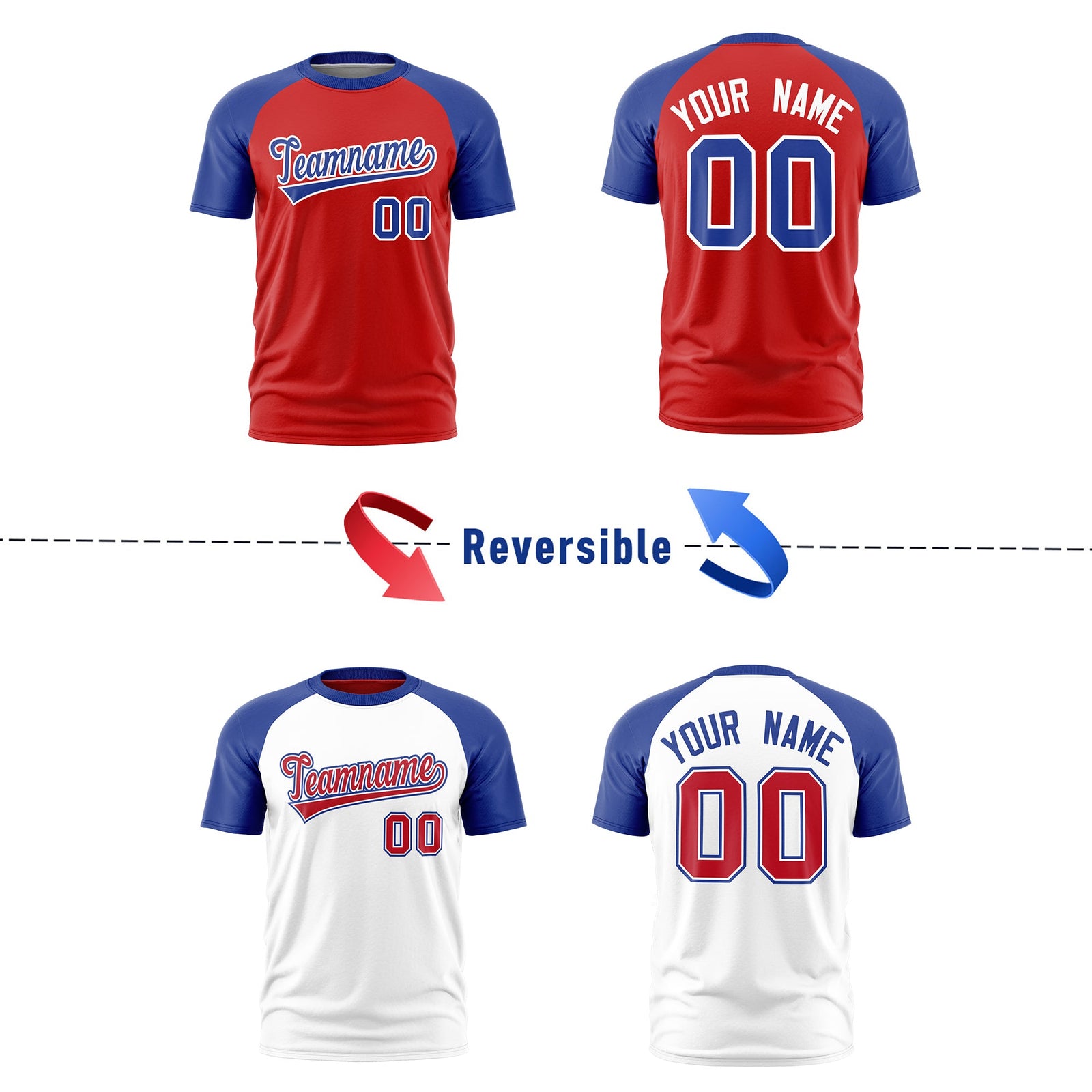 Custom Red Royal Blue White Reversible Raglan Sleeves Moisture-Wicking T-shirt| KXKSHOP