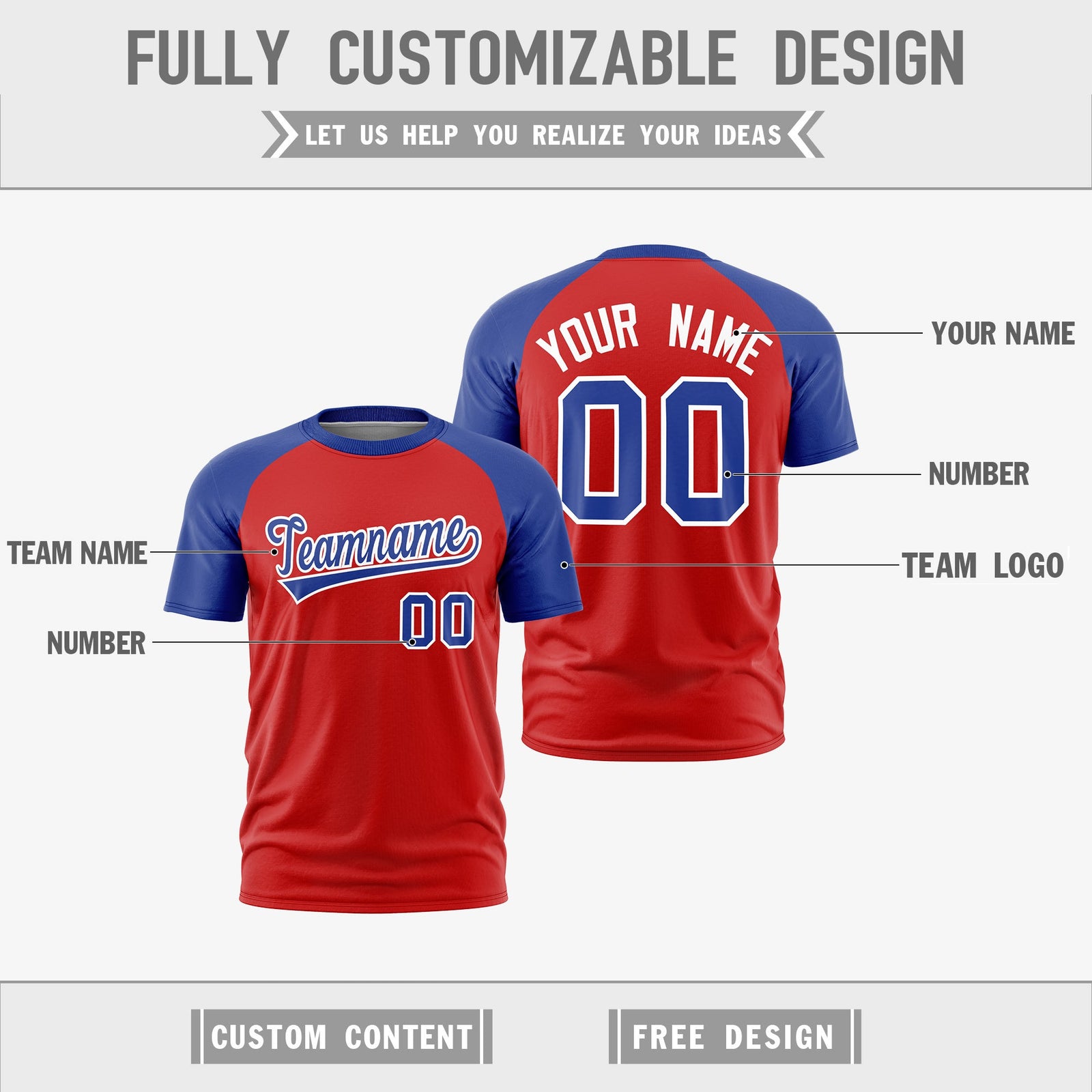 Custom Red Royal Blue White Reversible Raglan Sleeves Moisture-Wicking T-shirt| KXKSHOP
