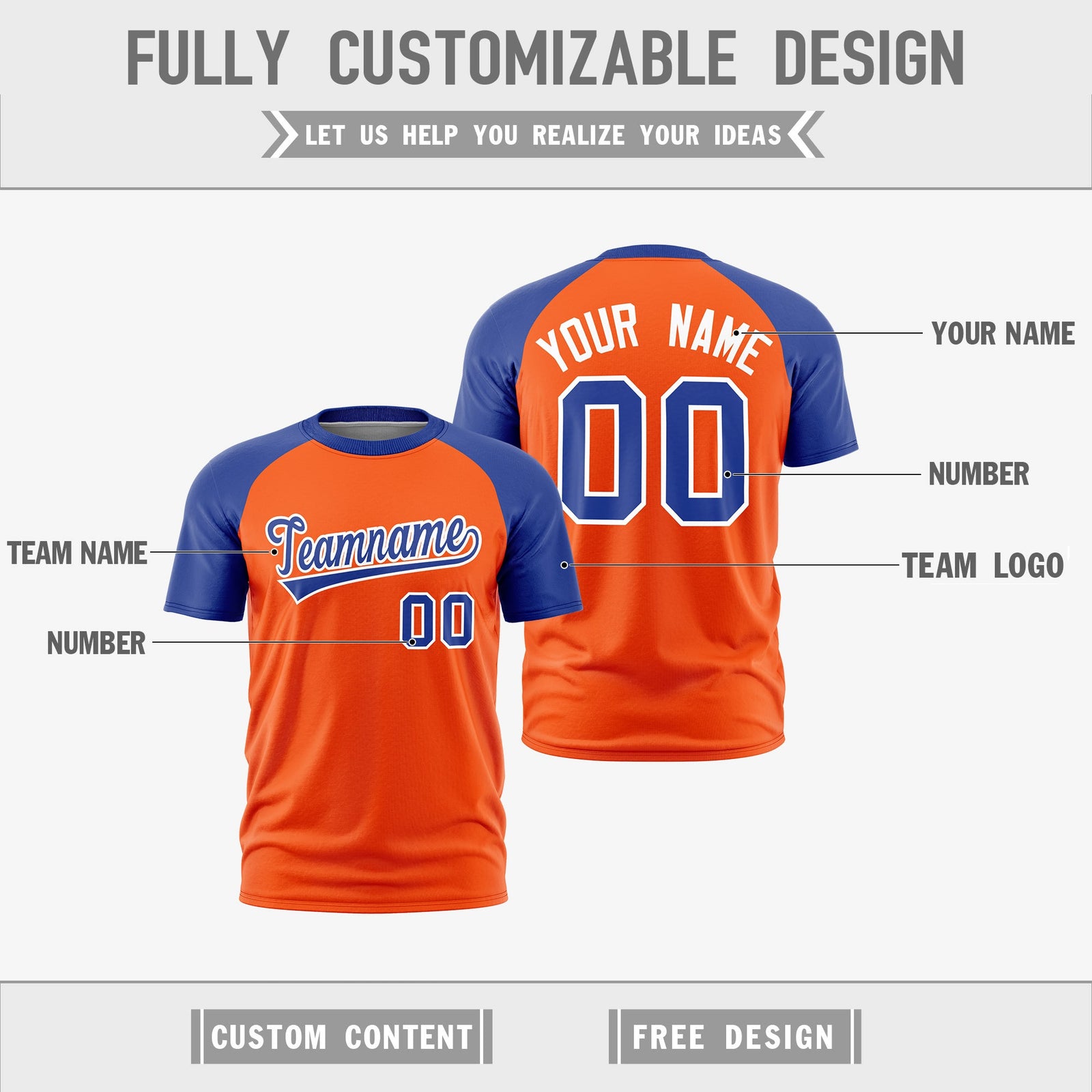 Custom Orange Royal Blue White Reversible Raglan Sleeves Quick Dry T-shirt| KXKSHOP