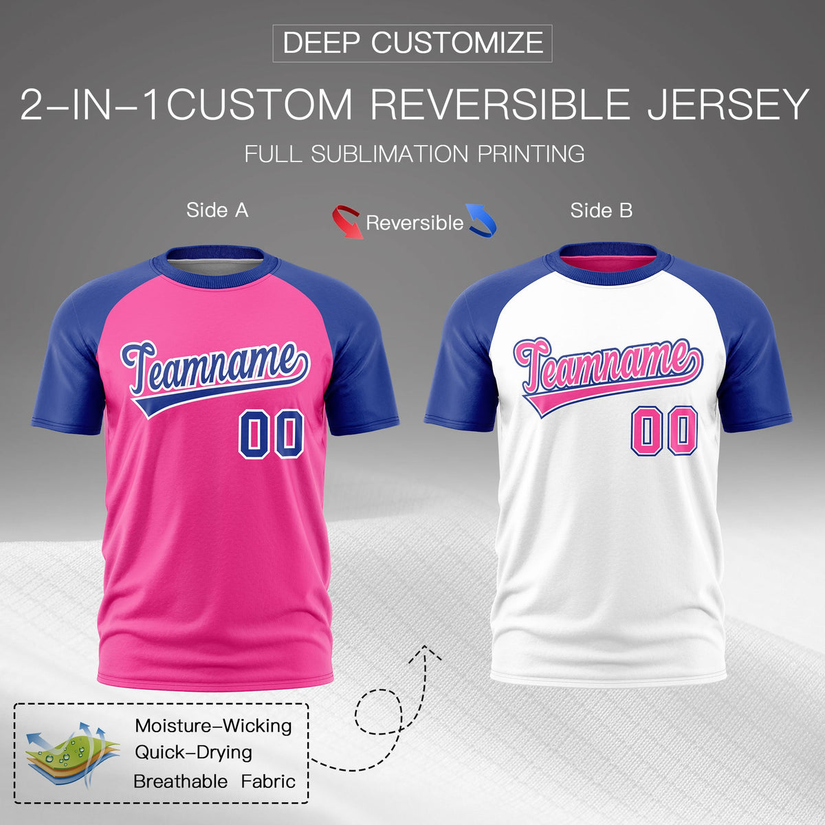 Custom Pink White Royal Blue Reversible Raglan Sleeves Quick Dry T-shirt| KXKSHOP