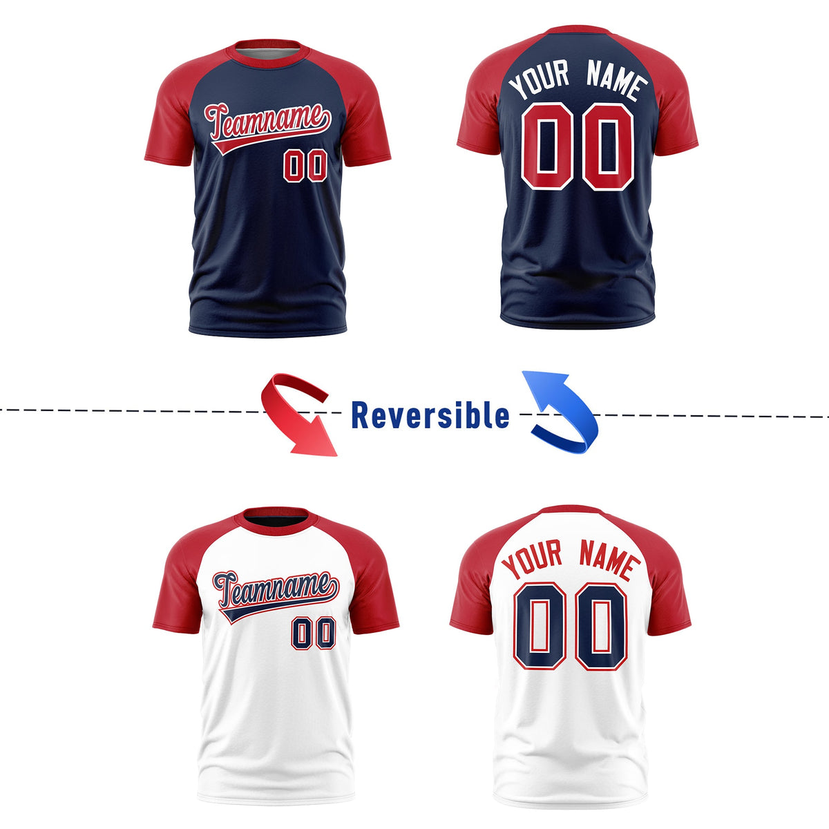 Custom Navy Red White Reversible Raglan Sleeves Moisture-Wicking T-shirt| KXKSHOP