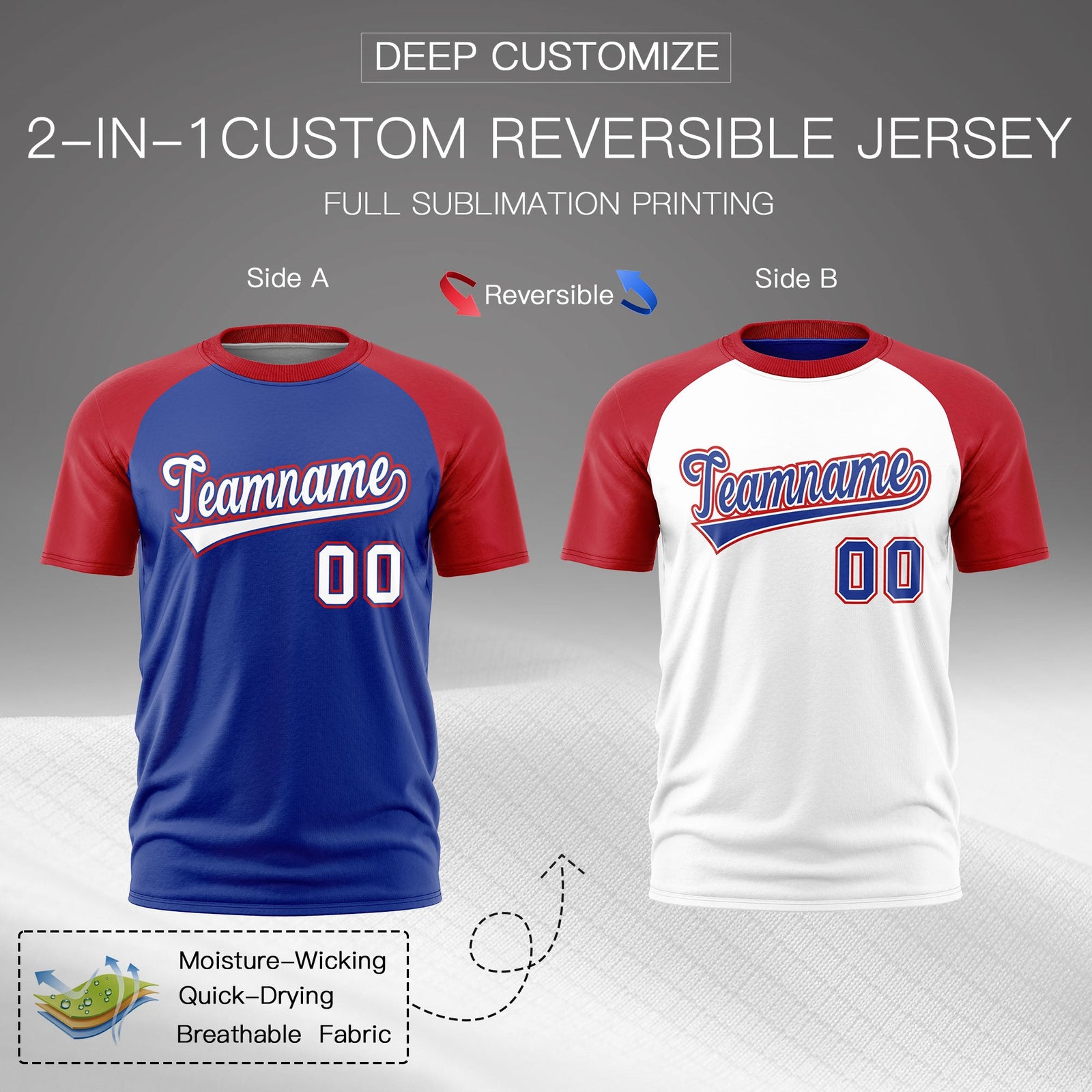 Custom Royal Blue Red White Reversible Raglan Sleeves Quick Dry T-shirt| KXKSHOP