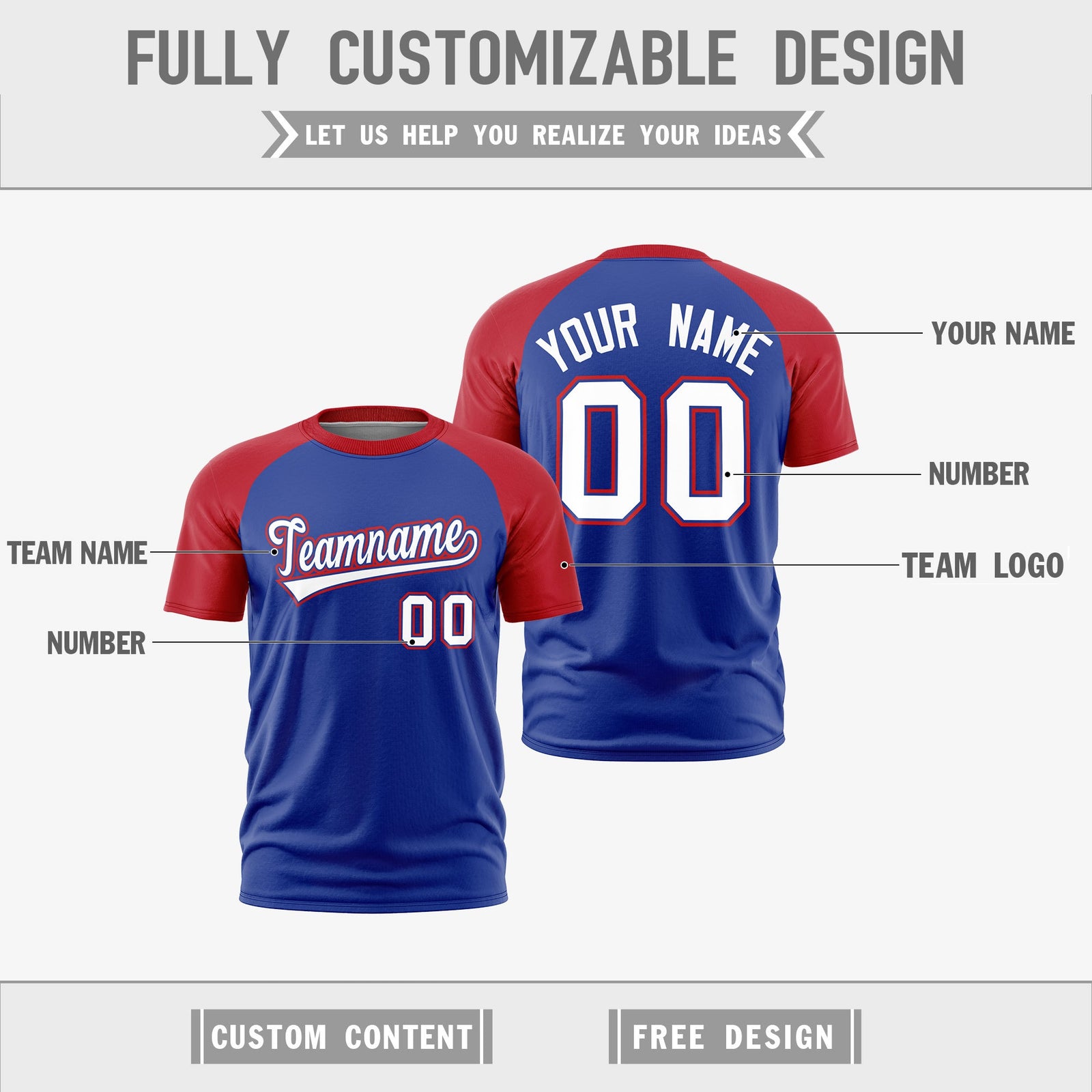 Custom Royal Blue Red White Reversible Raglan Sleeves Quick Dry T-shirt| KXKSHOP