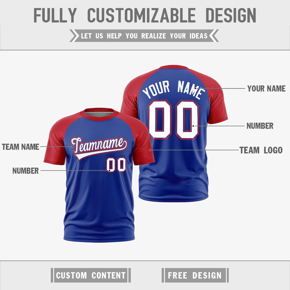 Custom Royal Blue Red White Reversible Raglan Sleeves Quick Dry T-shirt| KXKSHOP