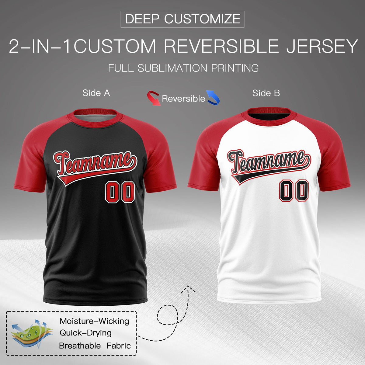 Custom Red Black White Reversible Raglan Sleeves Moisture-Wicking T-shirt| KXKSHOP