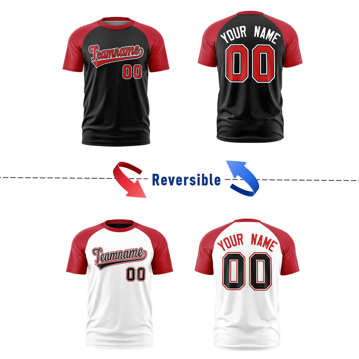 Custom Red Black White Reversible Raglan Sleeves Moisture-Wicking T-shirt| KXKSHOP