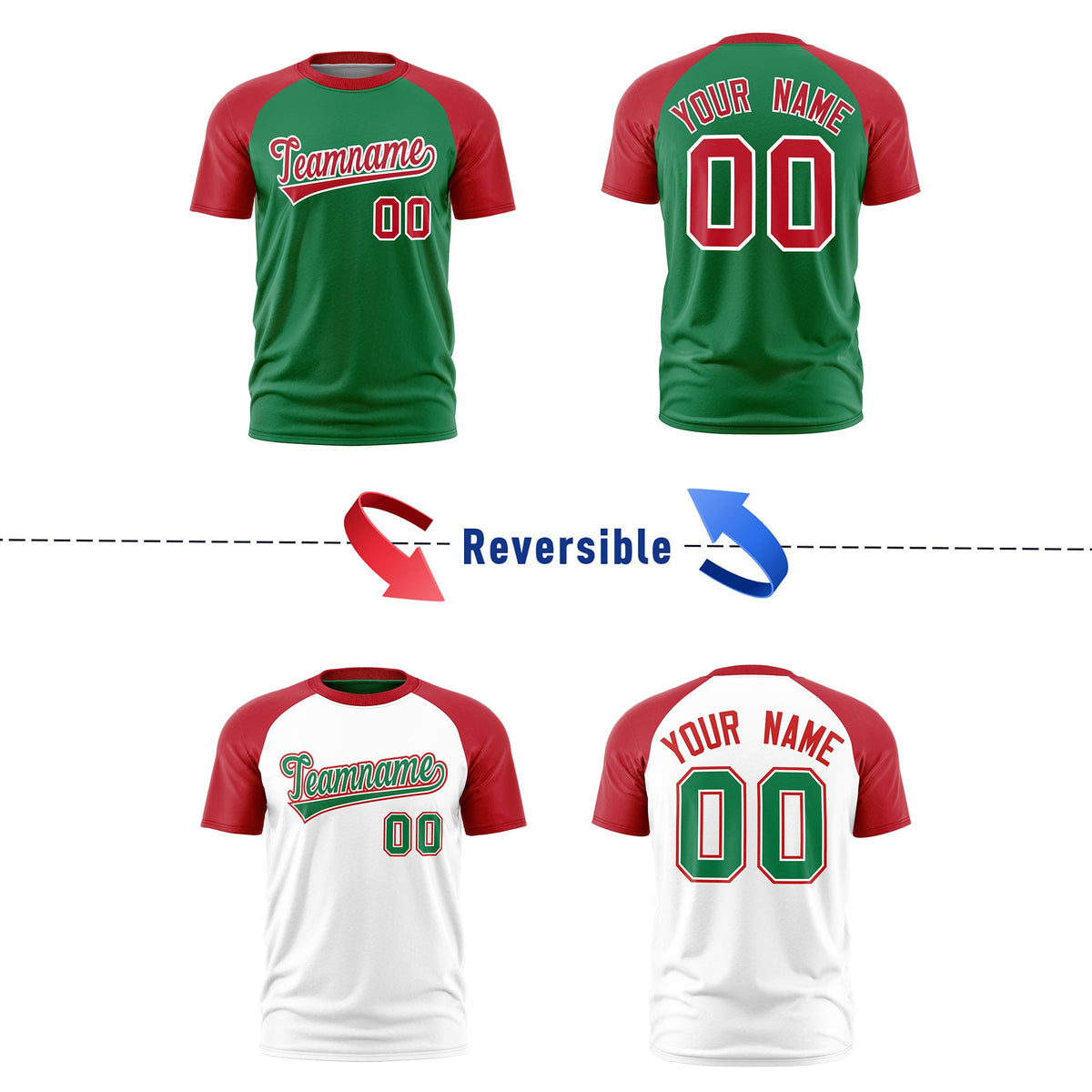 Custom Kelly Green Red White Reversible Raglan Sleeves Quick Dry T-shirt| KXKSHOP