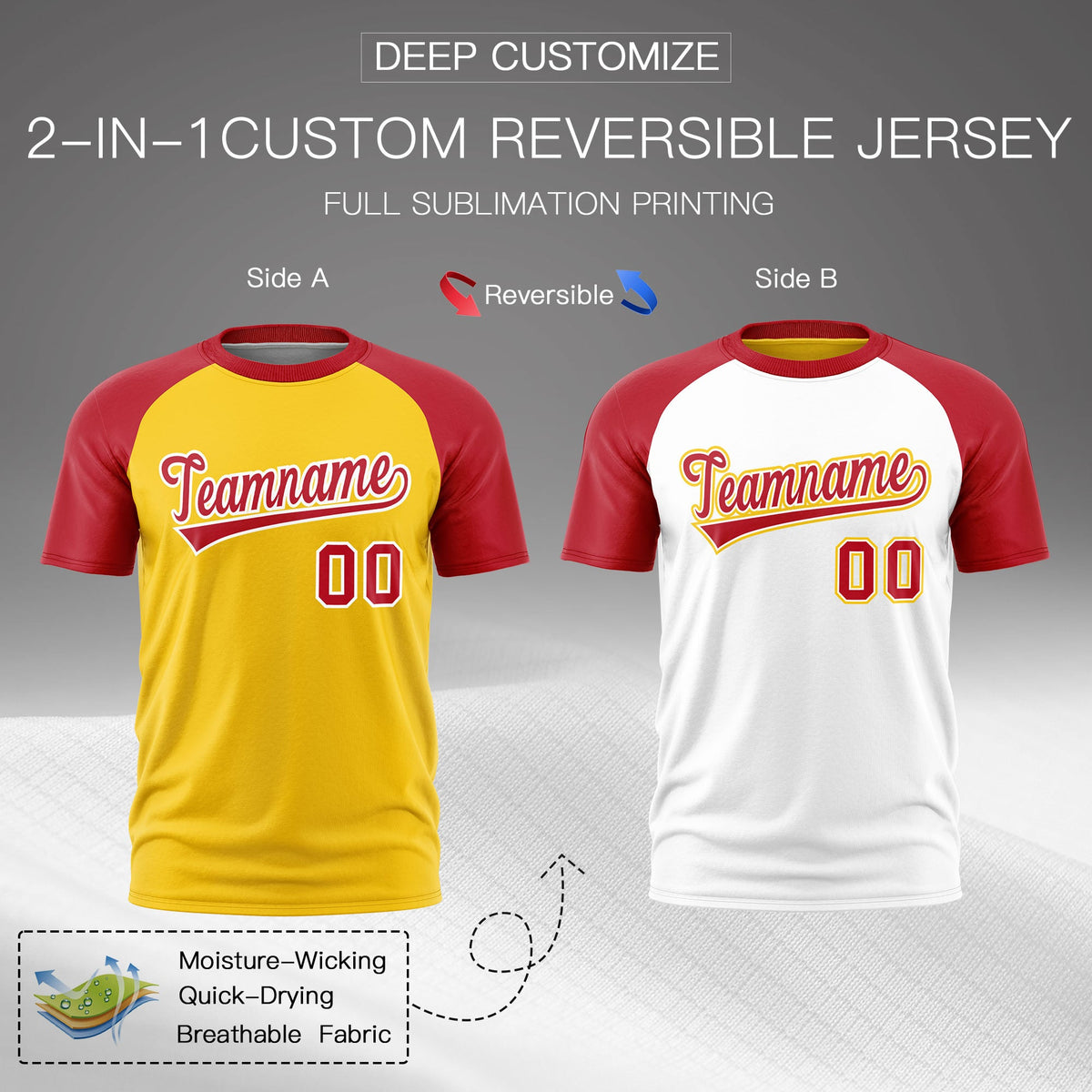 Custom Gold Red White Reversible Raglan Sleeves Moisture-Wicking T-shirt| KXKSHOP