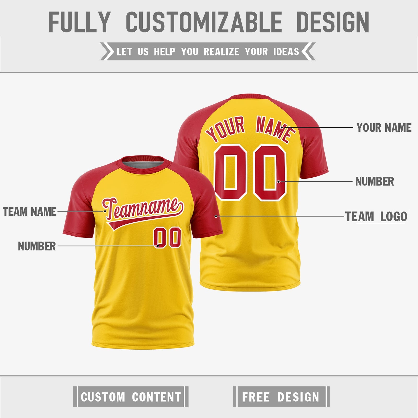Custom Gold Red White Reversible Raglan Sleeves Moisture-Wicking T-shirt| KXKSHOP