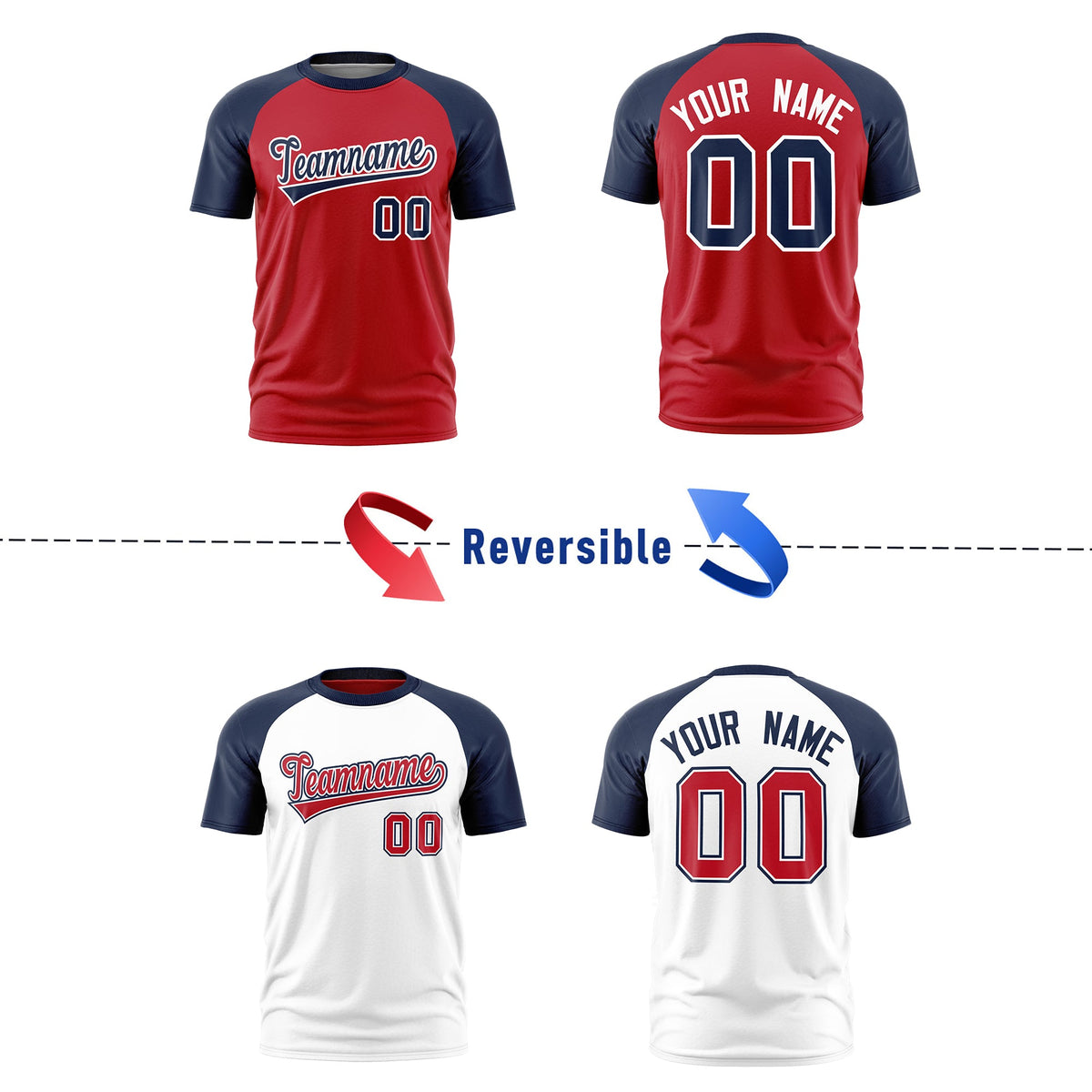 Custom Red Navy White Reversible Raglan Sleeves Quick Dry T-shirt| KXKSHOP