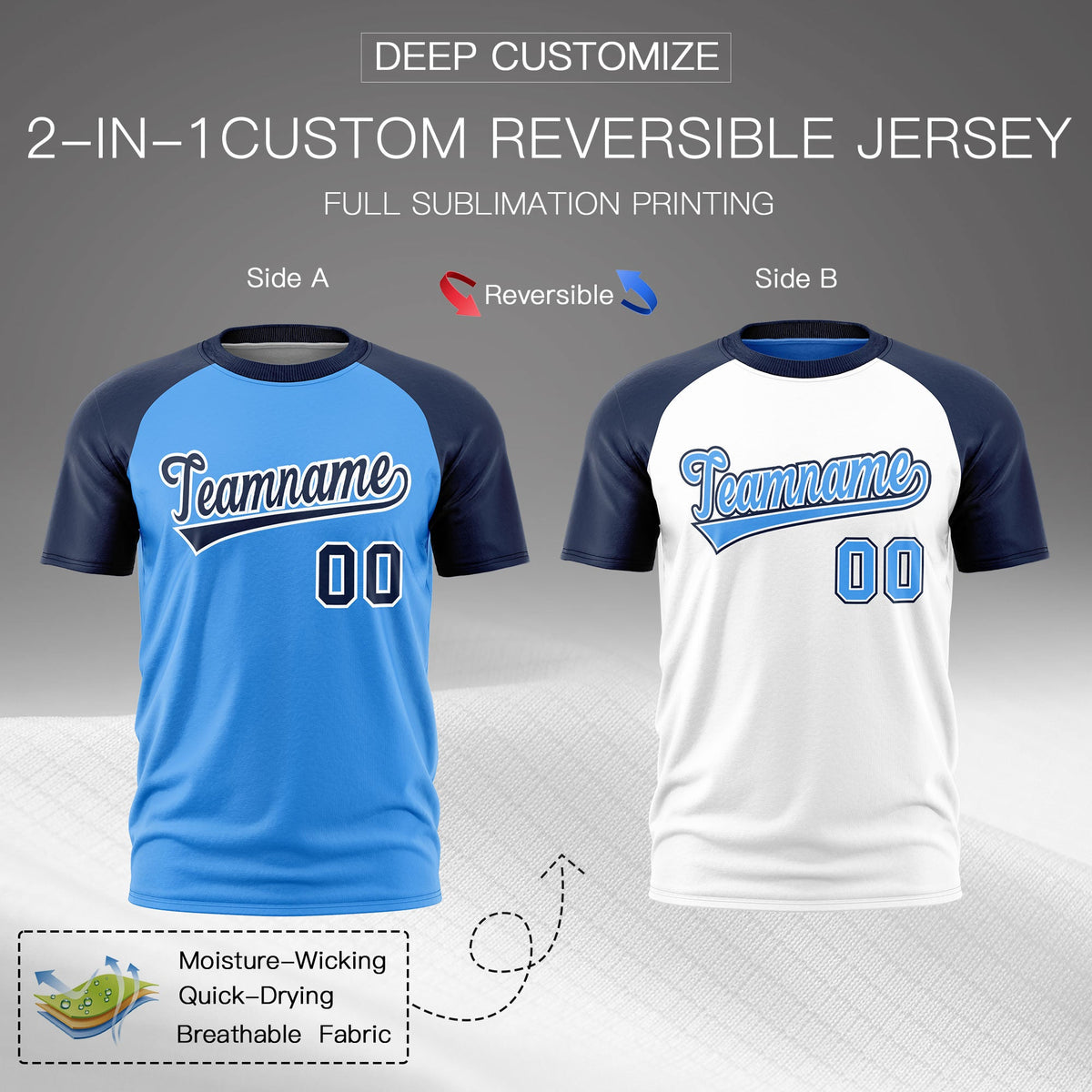 Custom Powder Blue Navy White Reversible Raglan Sleeves Quick Dry T-shirt| KXKSHOP