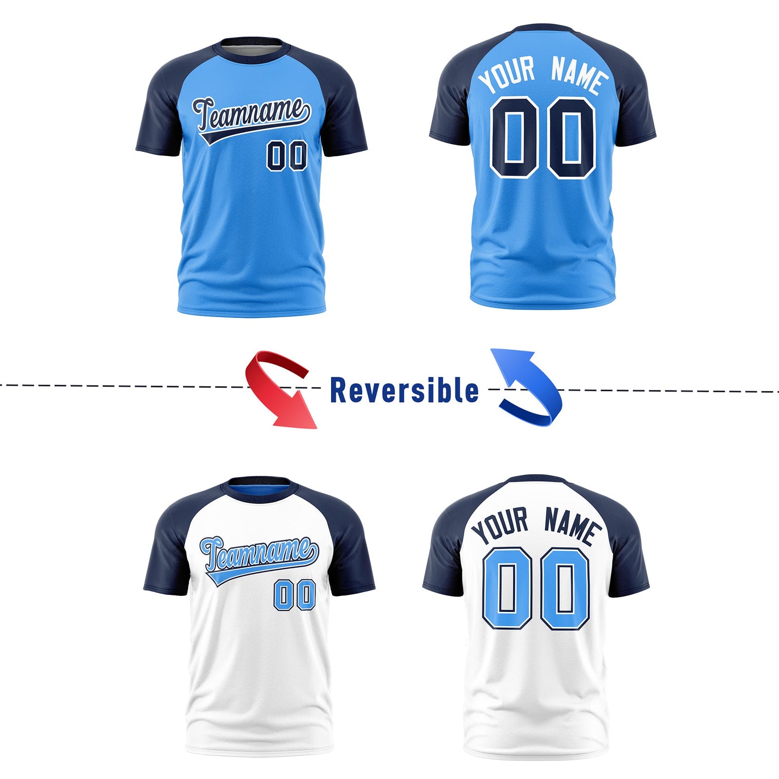 Custom Powder Blue Navy White Reversible Raglan Sleeves Quick Dry T-shirt| KXKSHOP