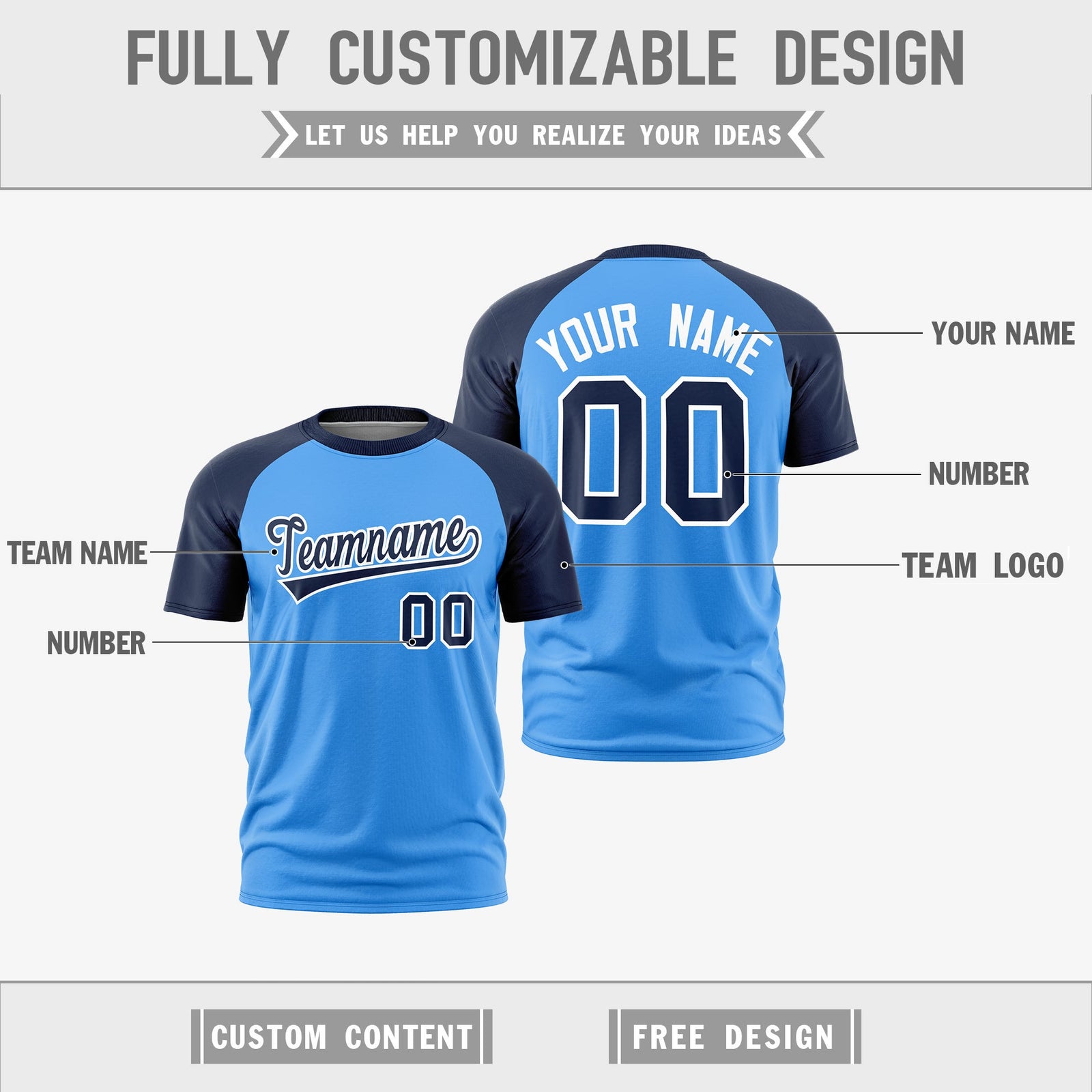Custom Powder Blue Navy White Reversible Raglan Sleeves Quick Dry T-shirt| KXKSHOP