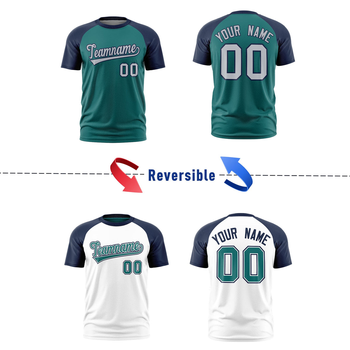 Custom Teal Navy Silver Reversible Raglan Sleeves Moisture-Wicking T-shirt| KXKSHOP