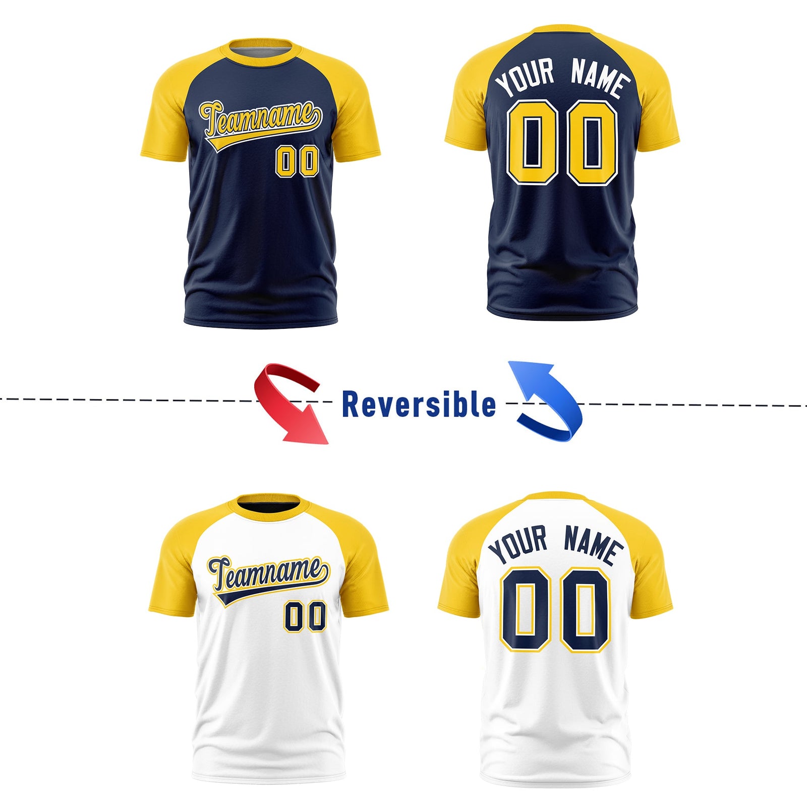 Custom Navy Gold White Reversible Raglan Sleeves Quick Dry T-shirt| KXKSHOP