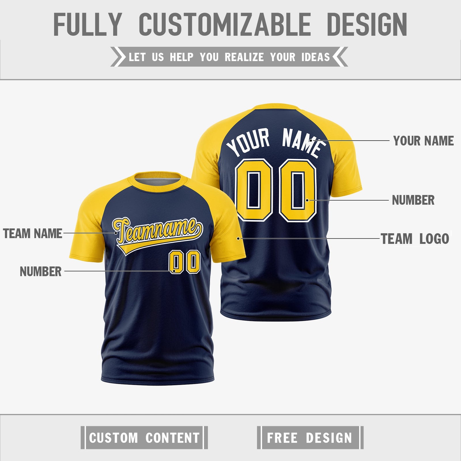 Custom Navy Gold White Reversible Raglan Sleeves Quick Dry T-shirt| KXKSHOP