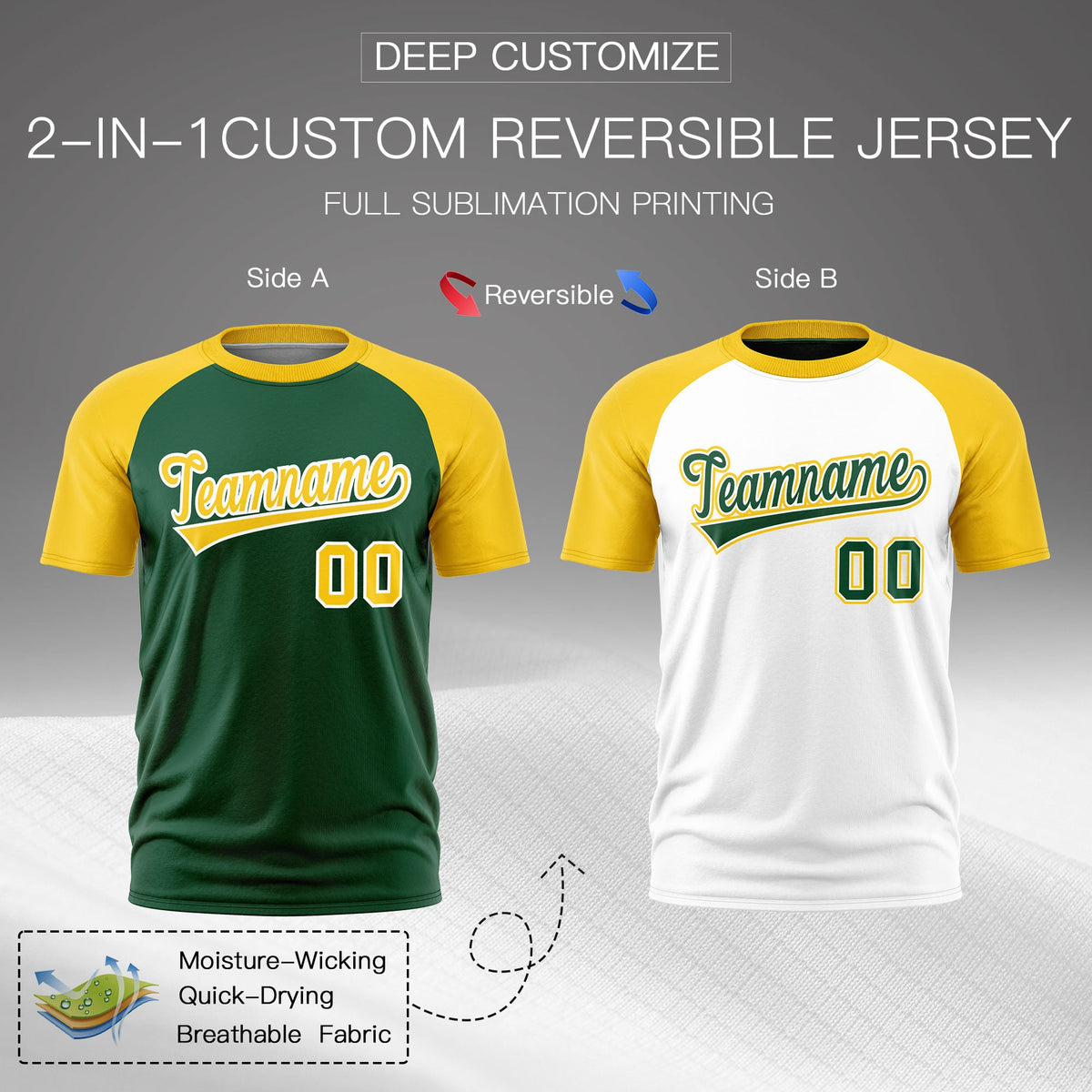 Custom Dark Green White Gold Reversible Raglan Sleeves Moisture-Wicking T-shirt| KXKSHOP
