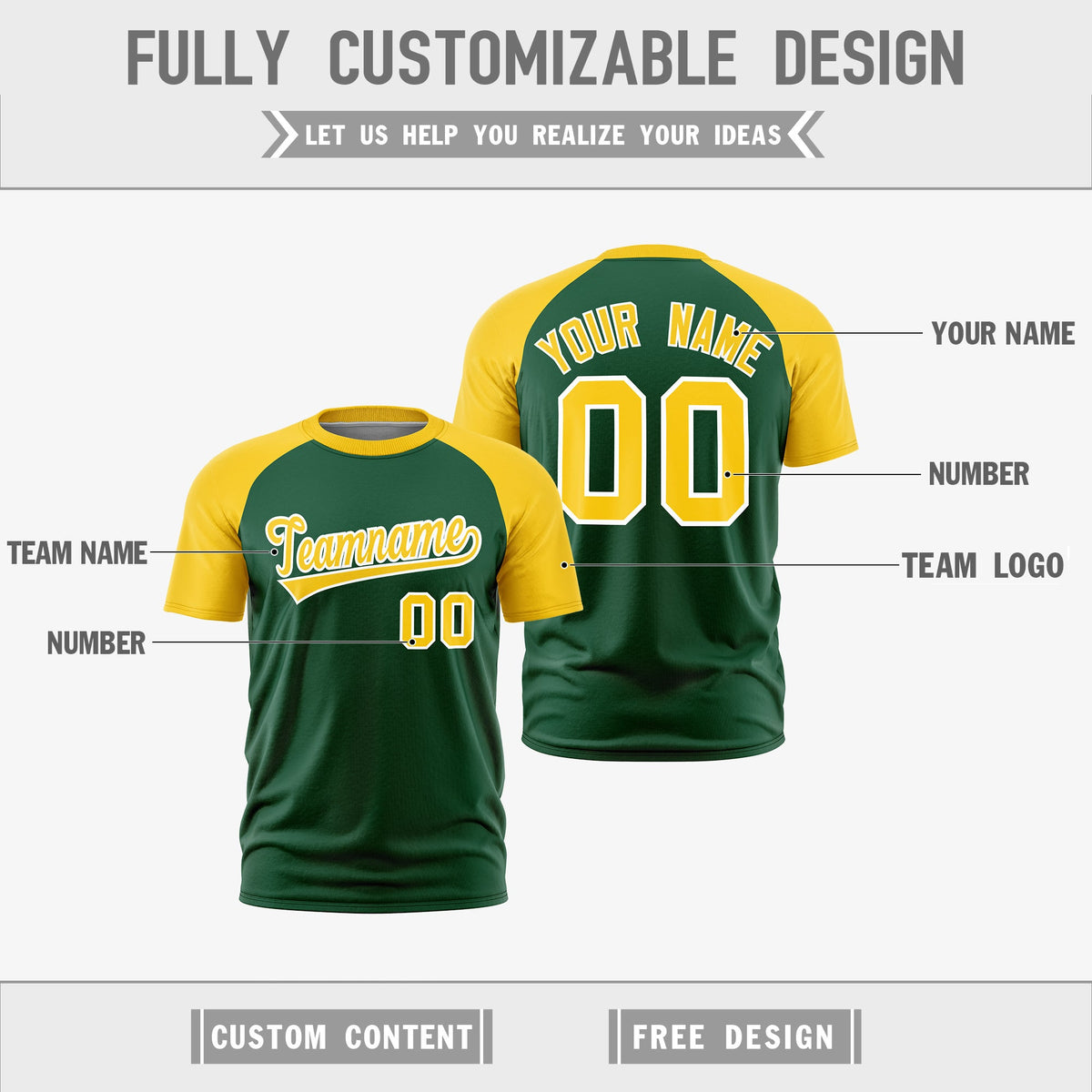 Custom Dark Green White Gold Reversible Raglan Sleeves Moisture-Wicking T-shirt| KXKSHOP